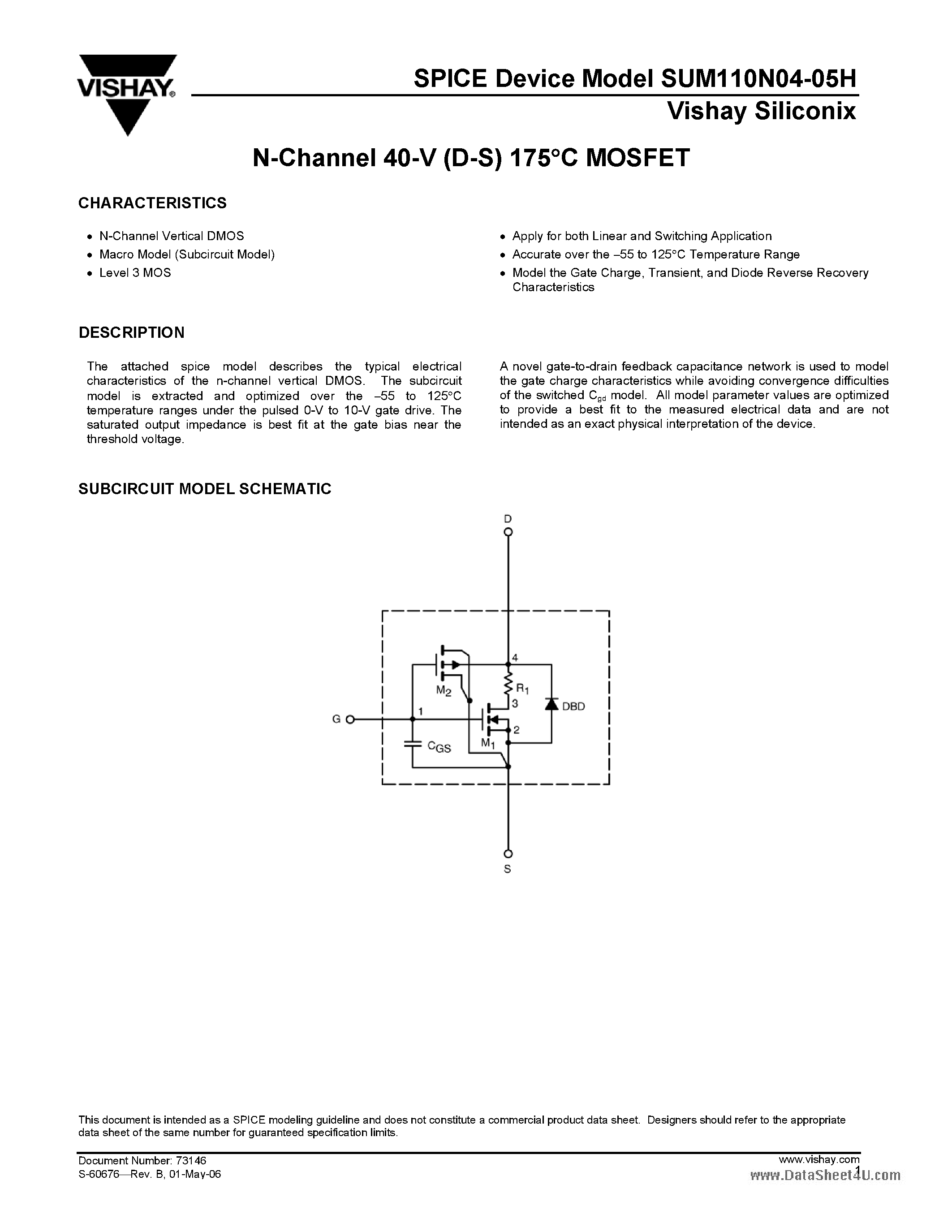 Datasheet SUM110N04-05H - N-Channel MOSFET page 1