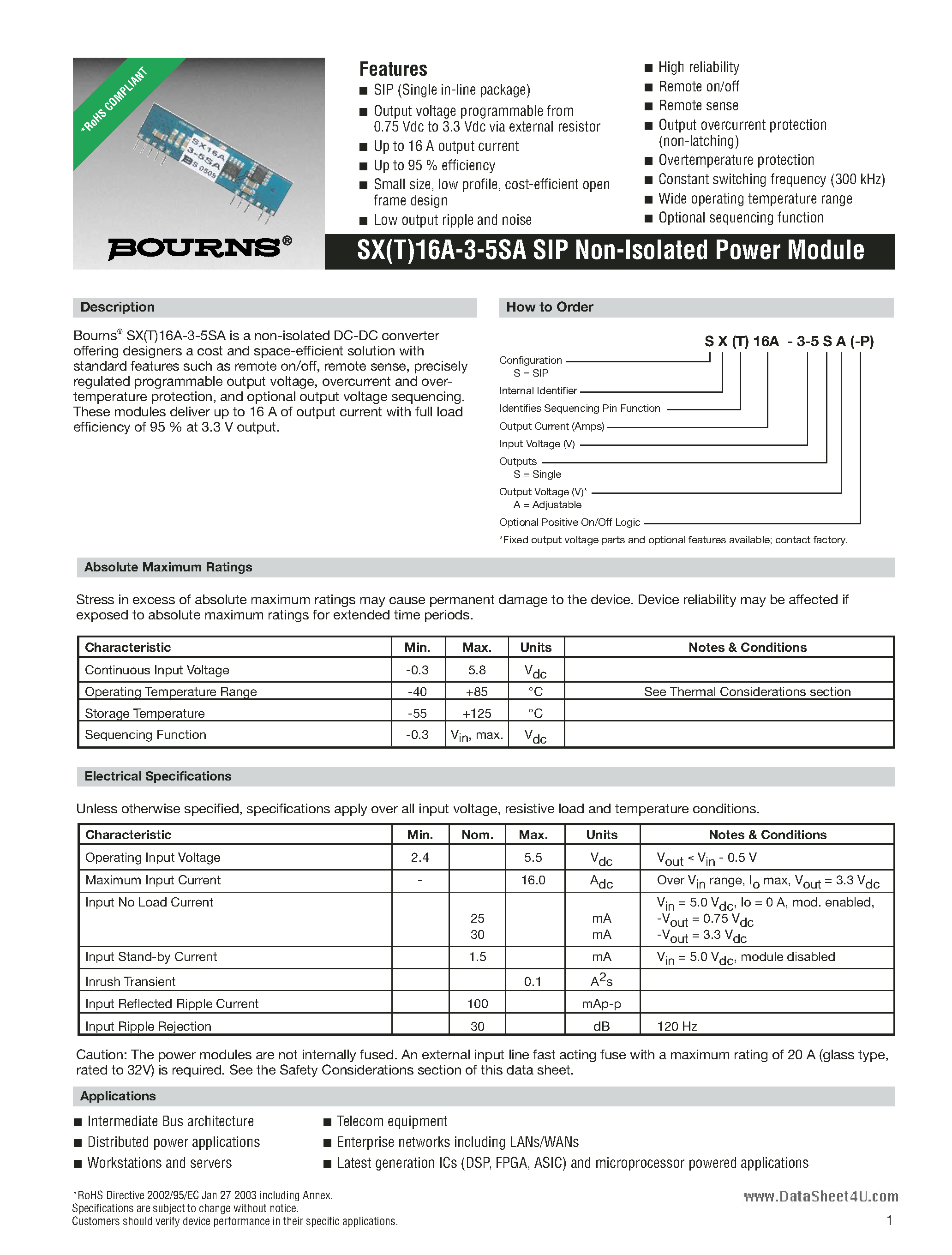 Datasheet SX16A-3-5SA - SIP Non-Isolated Power Module page 1