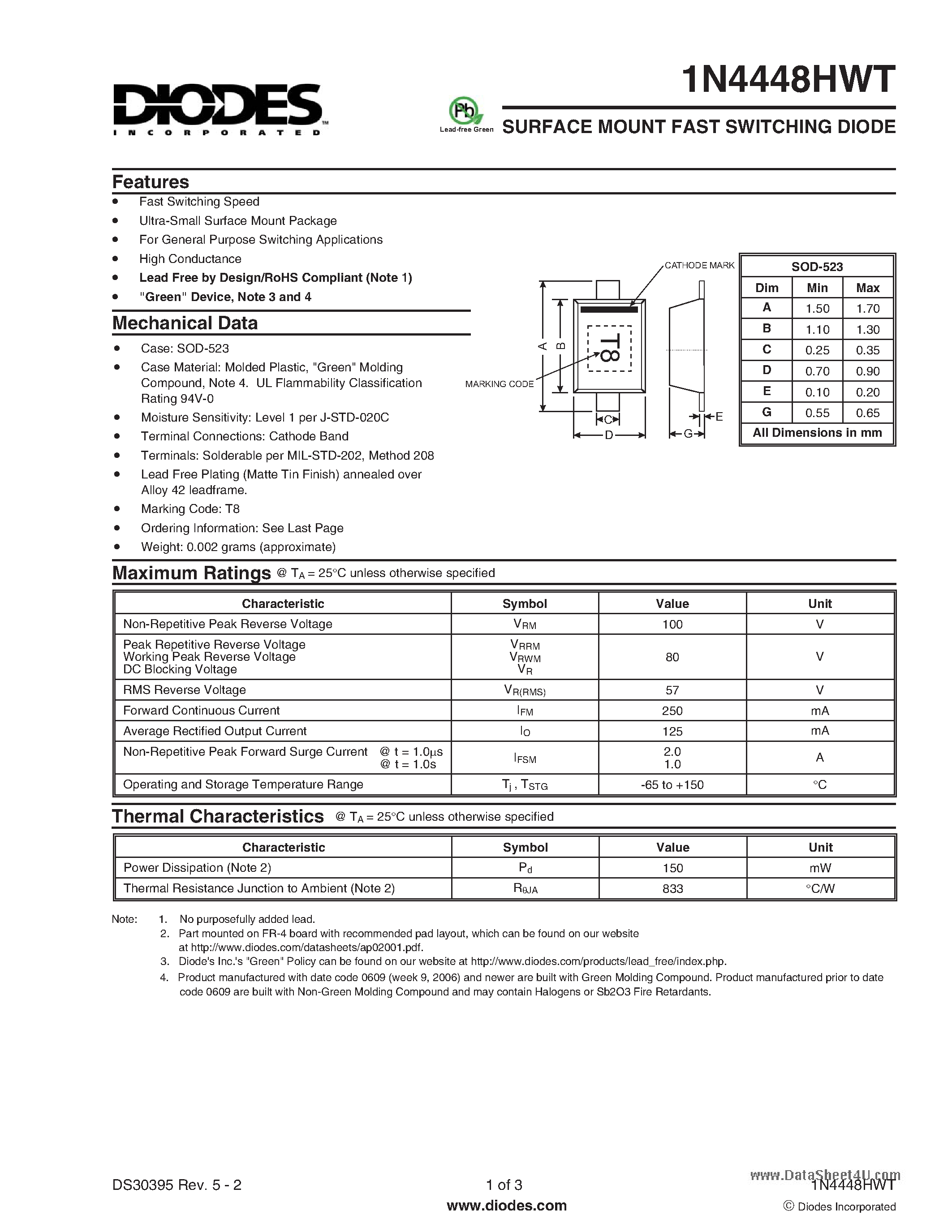 Datasheet 1N4448HWT page 1 Datasheet 1N4448HWT - SURFACE MOUNT FAST SWITCHING DIODE page 1