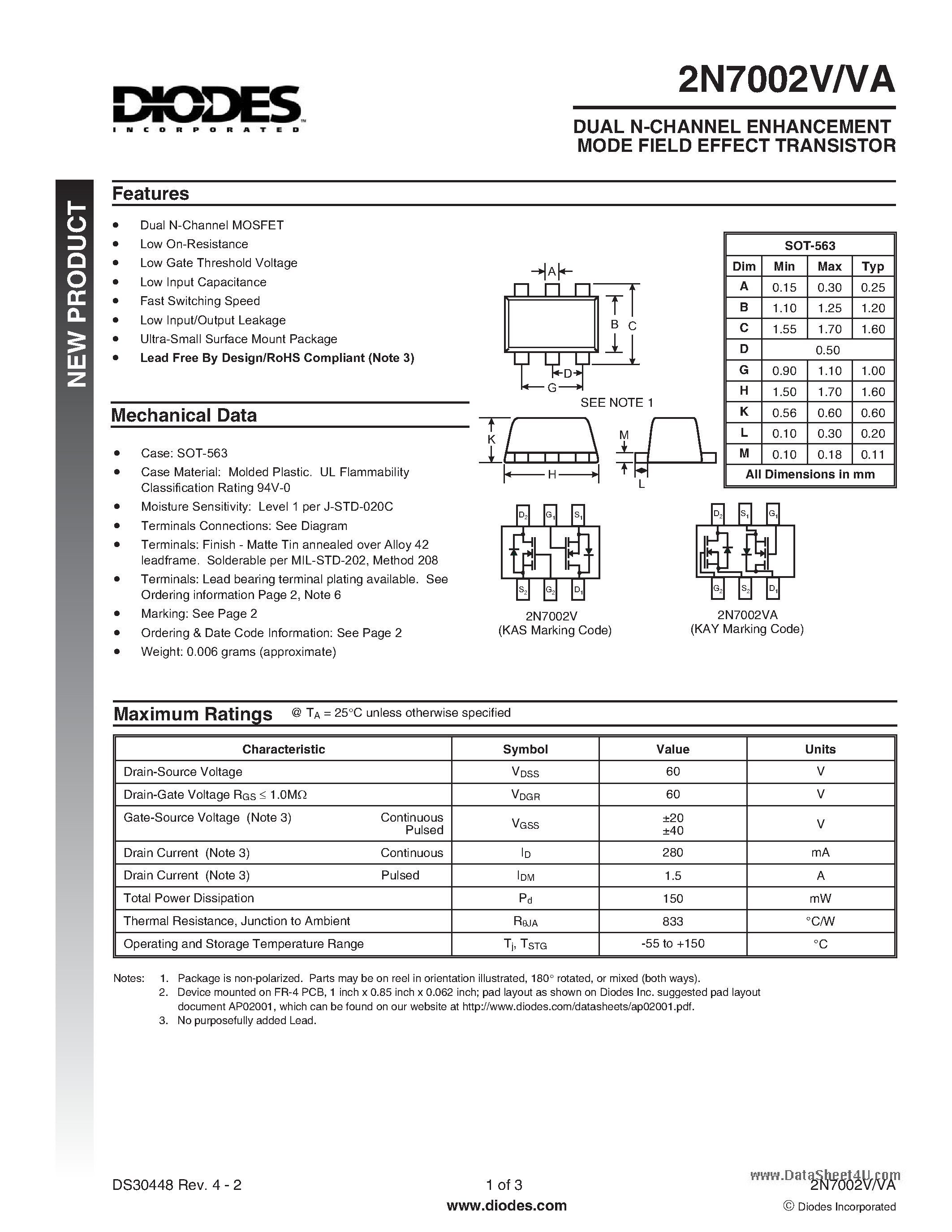 Даташит на микросхему 2N7002V страница 1 Даташит 2N7002V - DUAL N-CHANNEL ENHANCEMENT MODE FIELD EFFECT TRANSISTOR страница 1