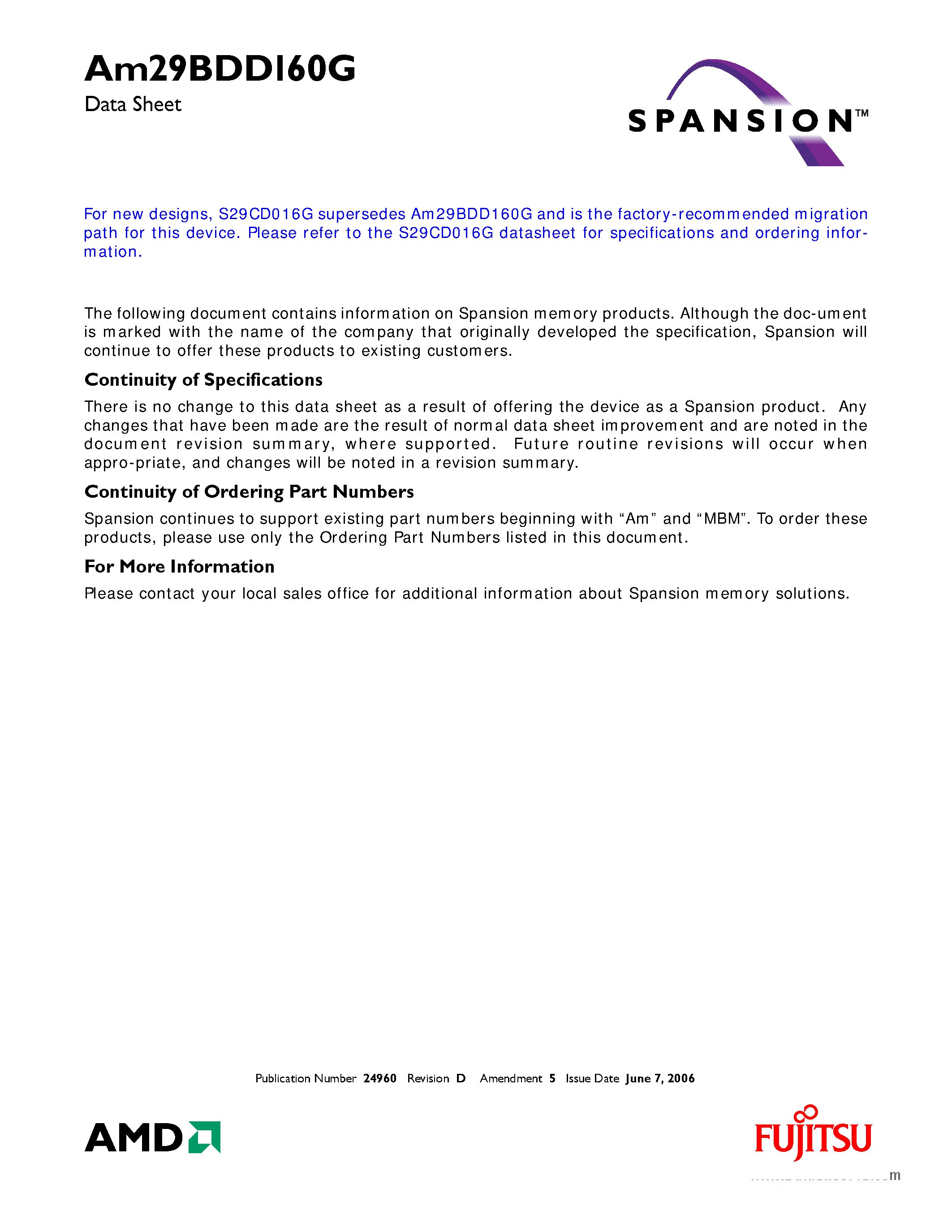 Datasheet AM29BDD160G page 1 Datasheet AM29BDD160G - Simultaneous Read/Write Flash Memory page 1