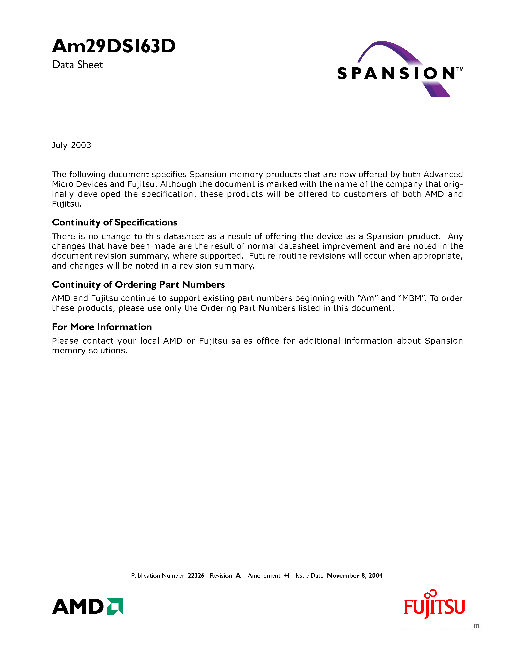 Datasheet AM29DS163D - Simultaneous Operation Flash Memory page 1