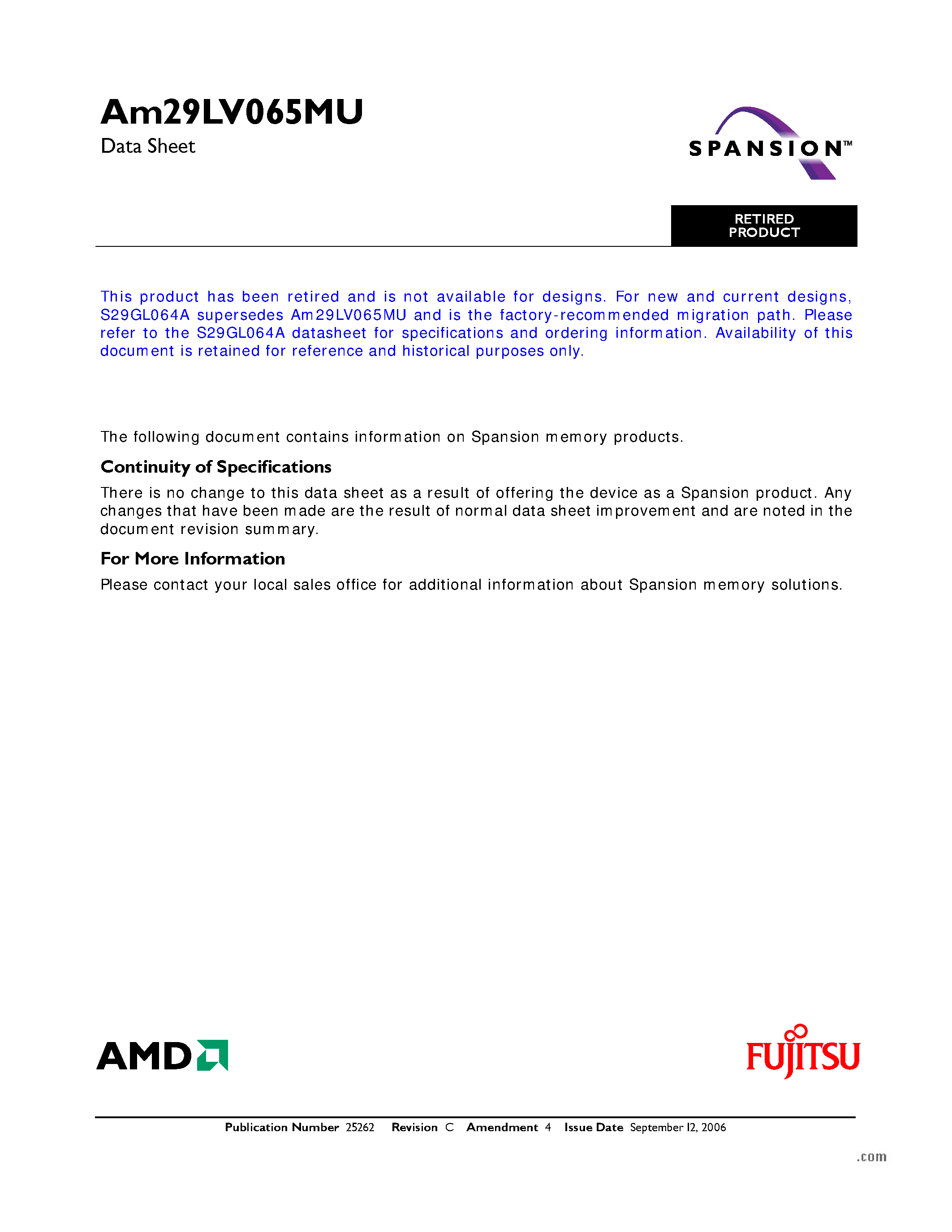 Datasheet AM29LV065MU - Uniform Sector Flash Memory page 1