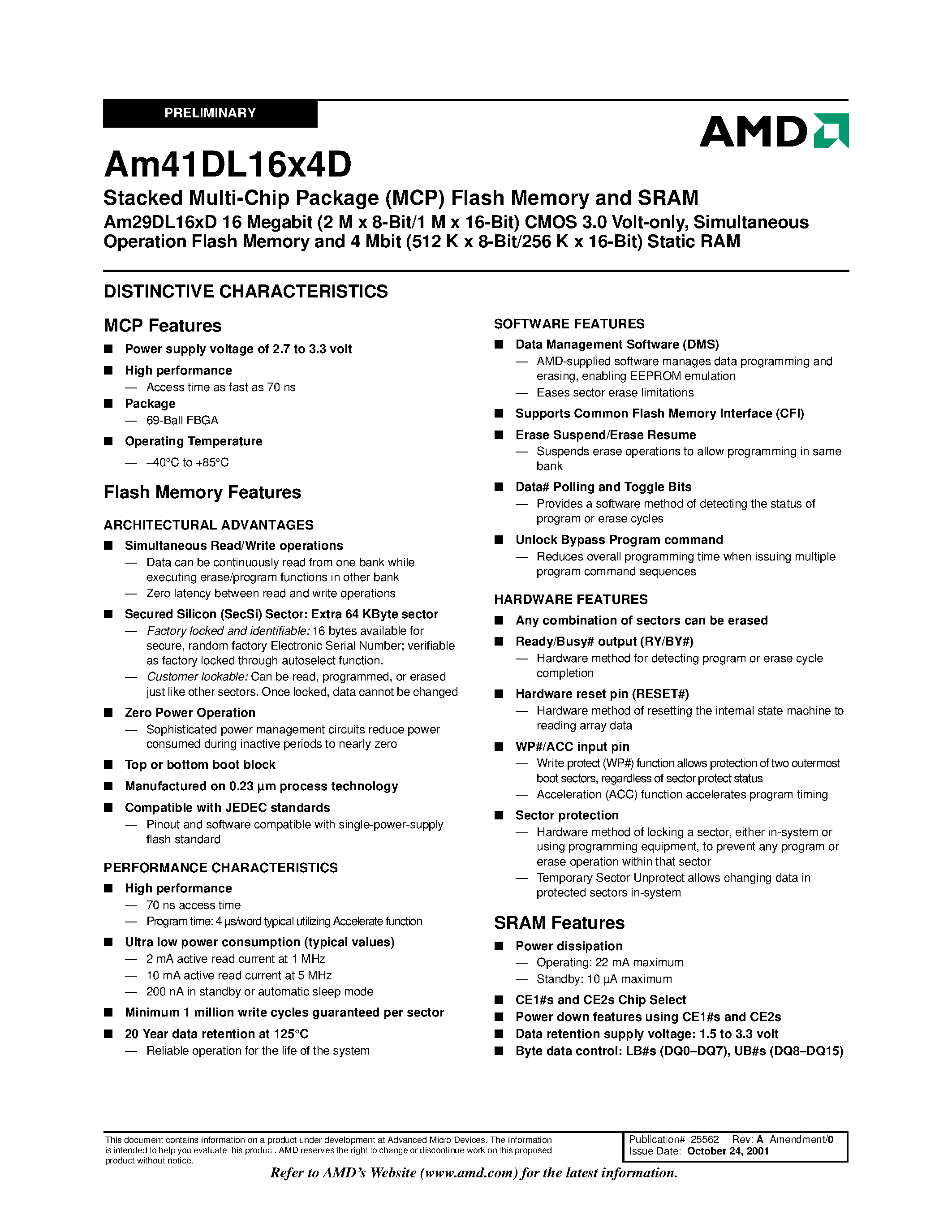 Datasheet AM41DL16X4D - Simultaneous Operation Flash Memory page 2