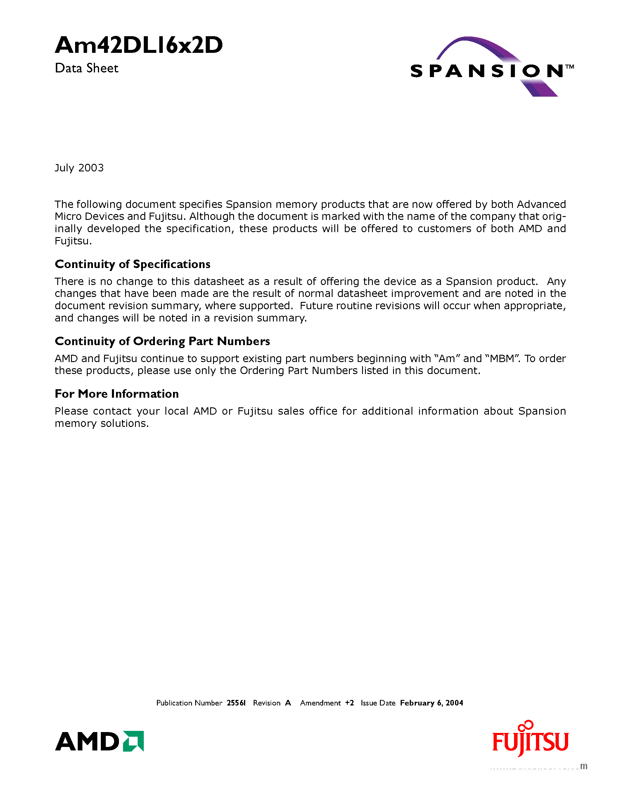 Datasheet AM42DL16X2D page 1 Datasheet AM42DL16X2D - Simultaneous Operation Flash Memory page 1