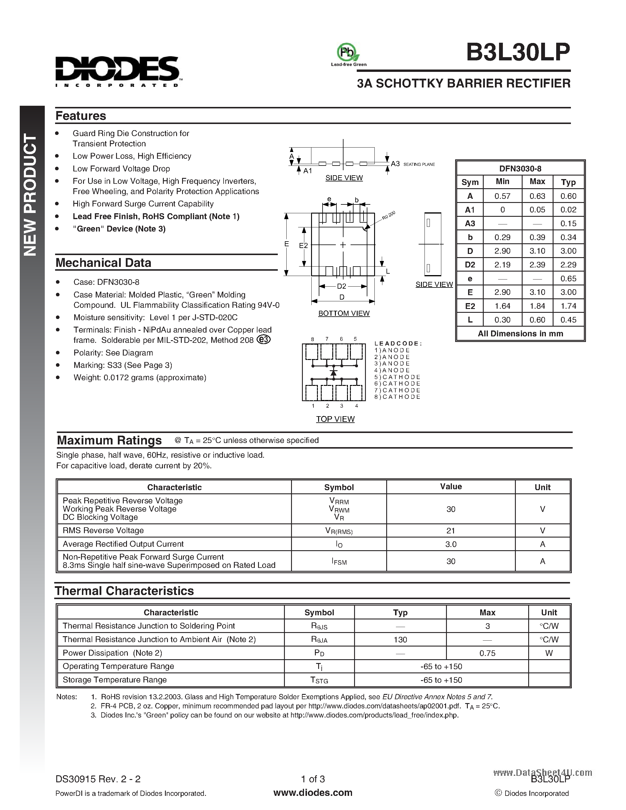 Datasheet B3L30LP page 1 Datasheet B3L30LP - 3A SCHOTTKY BARRIER RECTIFIER page 1
