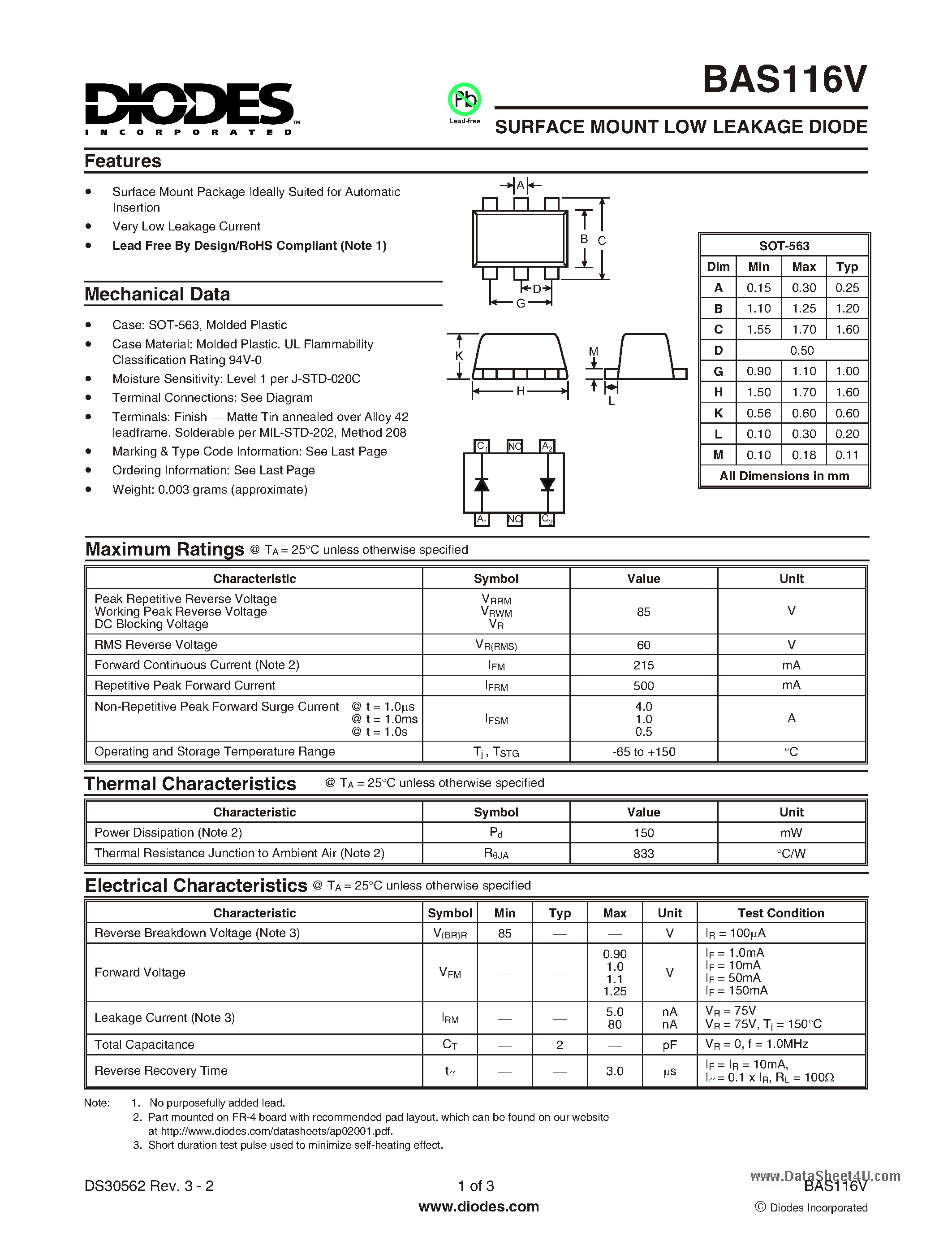 Datasheet BAS116V - SURFACE MOUNT LOW LEAKAGE DIODE page 1