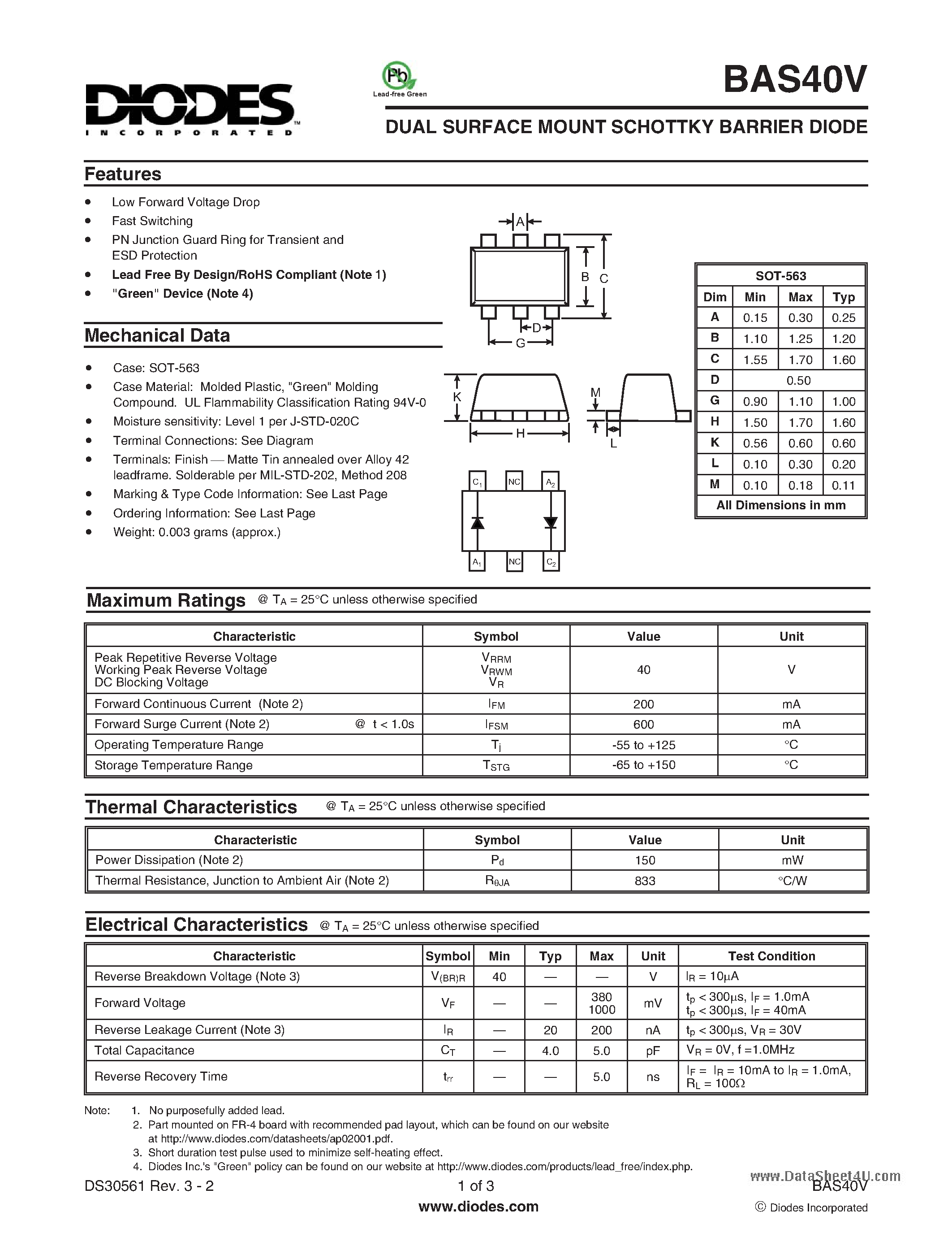 Datasheet BAS40V - DUAL SURFACE MOUNT SCHOTTKY BARRIER DIODE page 1
