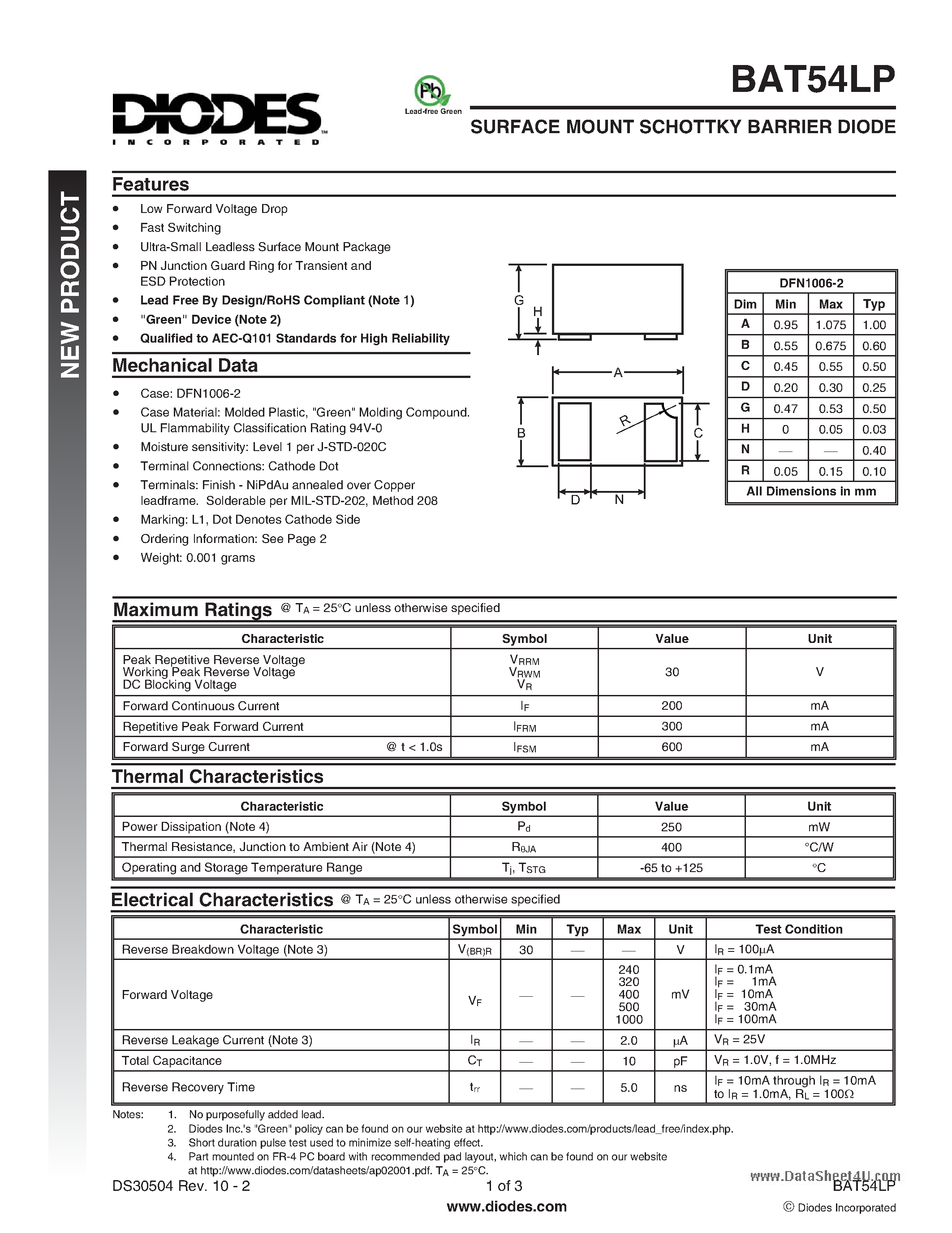 Datasheet BAT54LP - SURFACE MOUNT SCHOTTKY BARRIER DIODE page 1