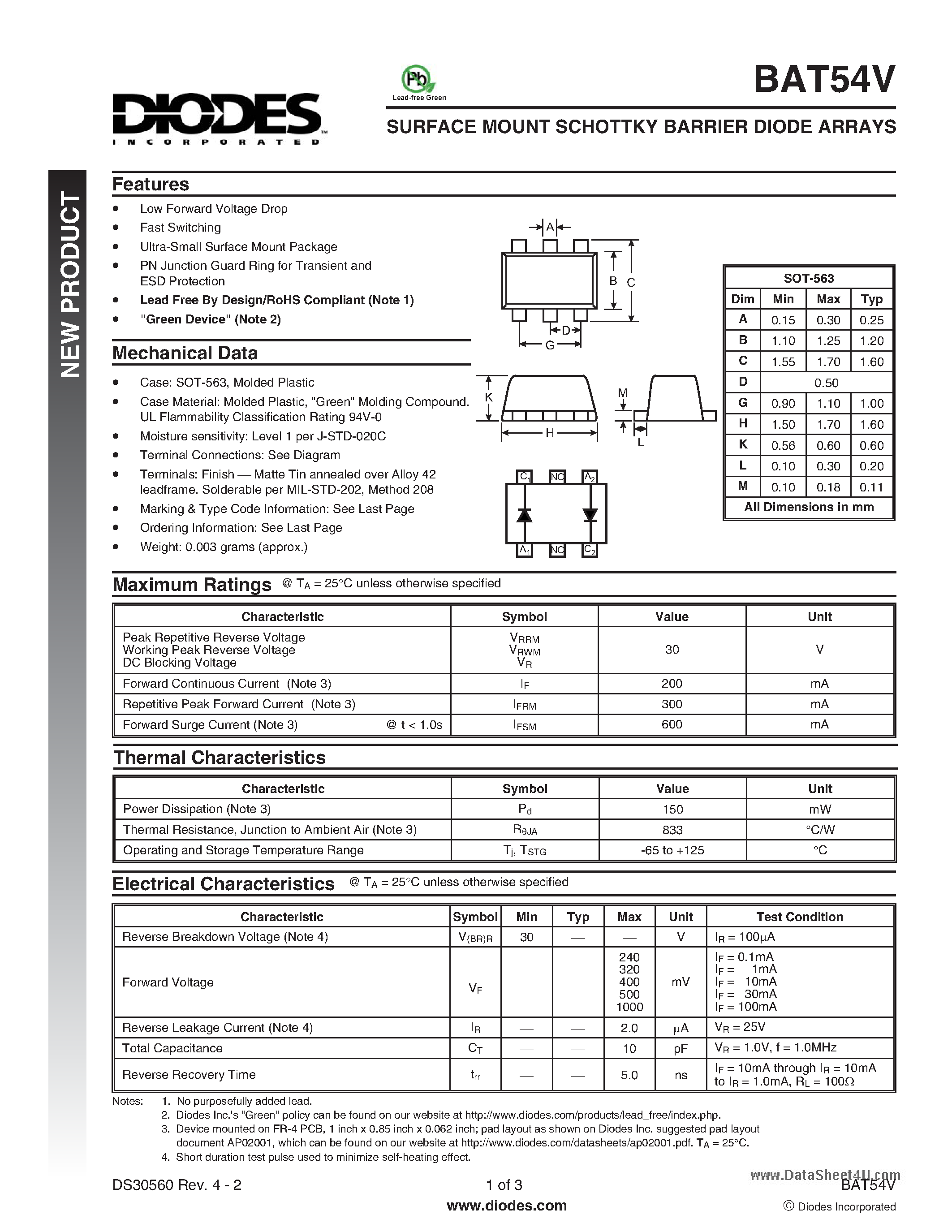 Datasheet BAT54V - SURFACE MOUNT SCHOTTKY BARRIER DIODE ARRAYS page 1