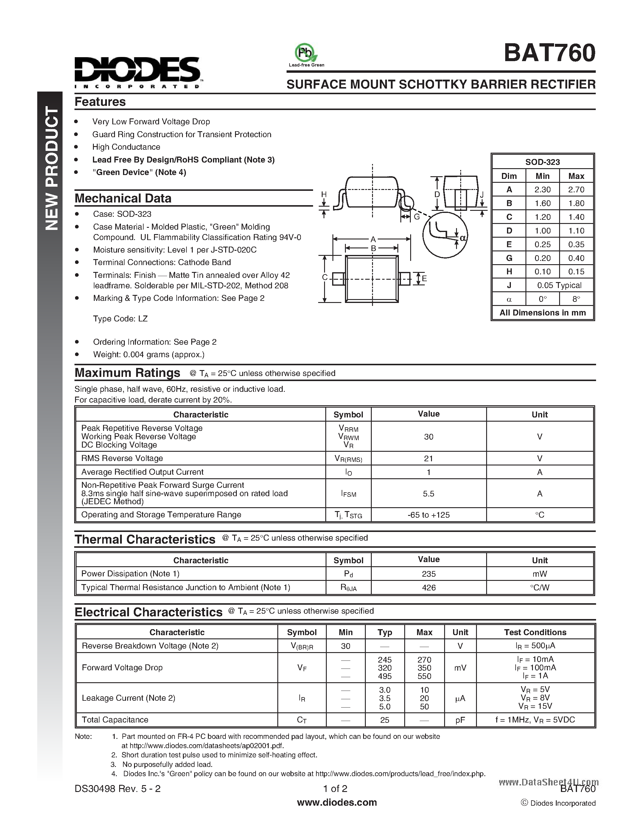 Datasheet BAT760 - SURFACE MOUNT SCHOTTKY BARRIER RECTIFIER page 1