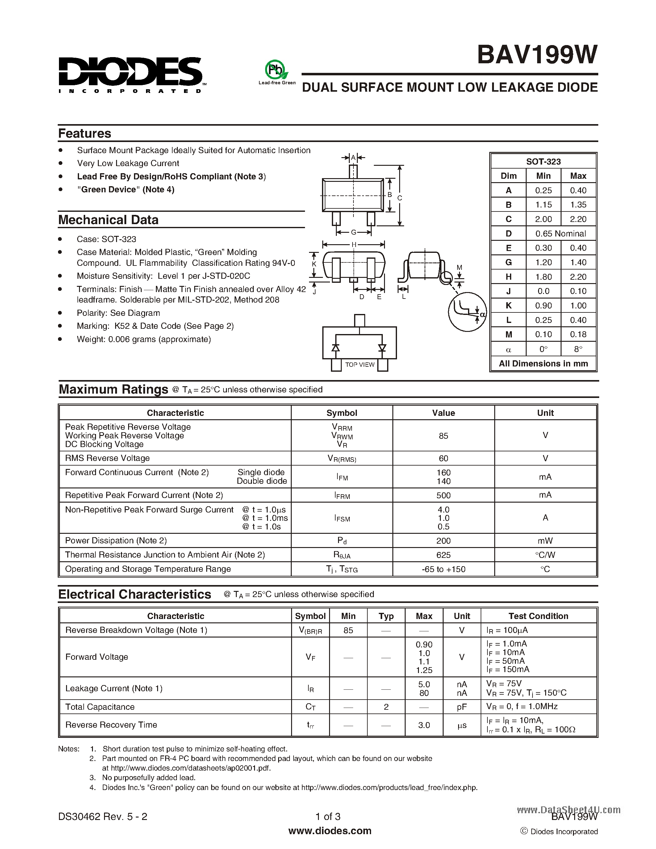 Datasheet BAV199W - DUAL SURFACE MOUNT LOW LEAKAGE DIODE page 1
