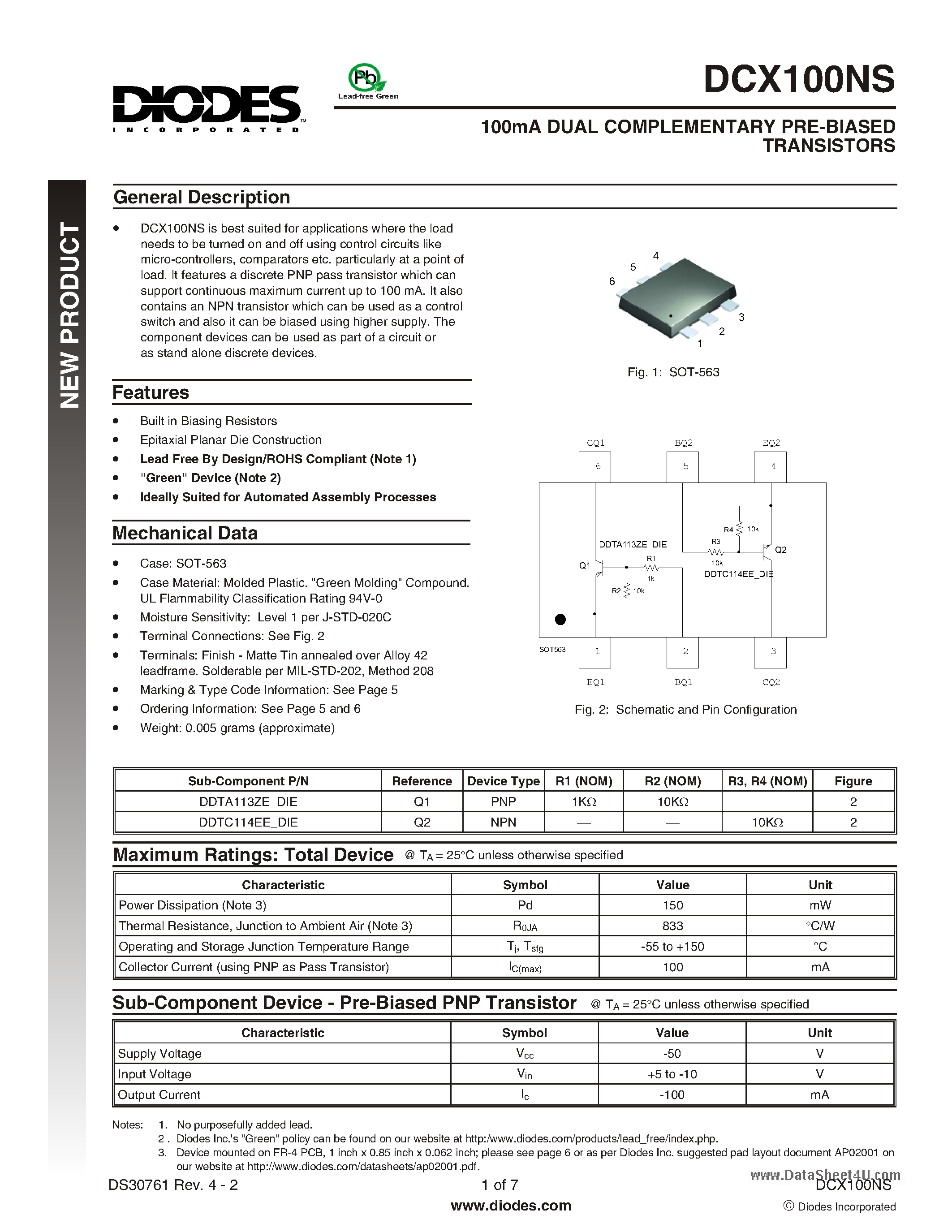 Даташит DCX100NS - 100mA DUAL COMPLEMENTARY PRE-BIASED TRANSISTORS страница 1
