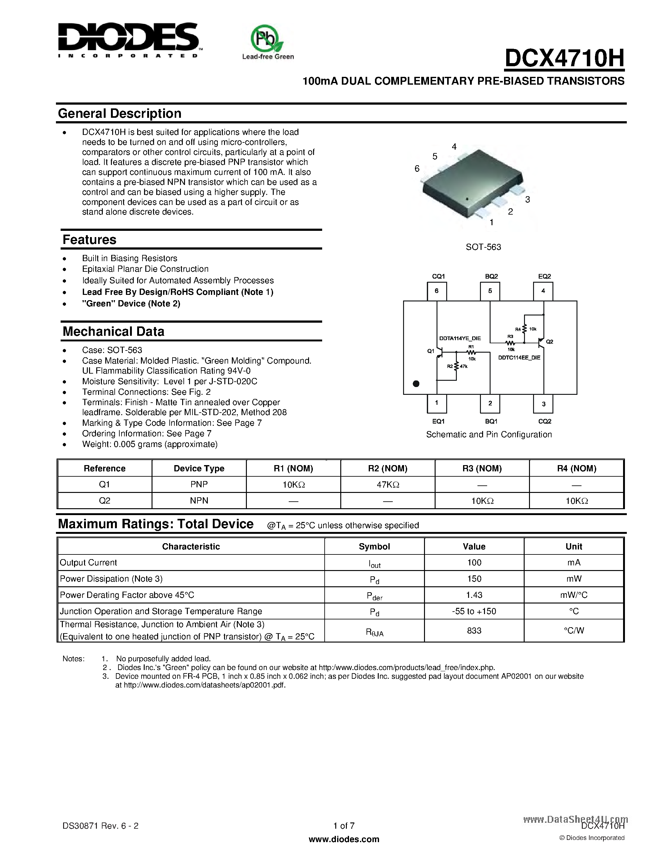 Даташит DCX4710H - 100mA DUAL COMPLEMENTARY PRE-BIASED TRANSISTORS страница 1
