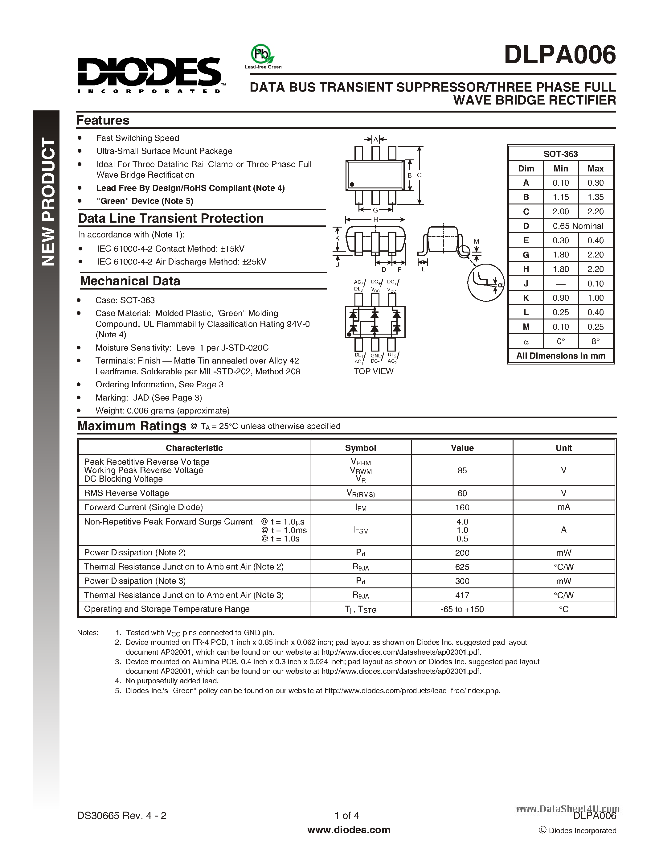 Datasheet DLPA006 page 1 Datasheet DLPA006 - DATA BUS TRANSIENT SUPPRESSOR/THREE PHASE FULL WAVE BRIDGE RECTIFIER page 1