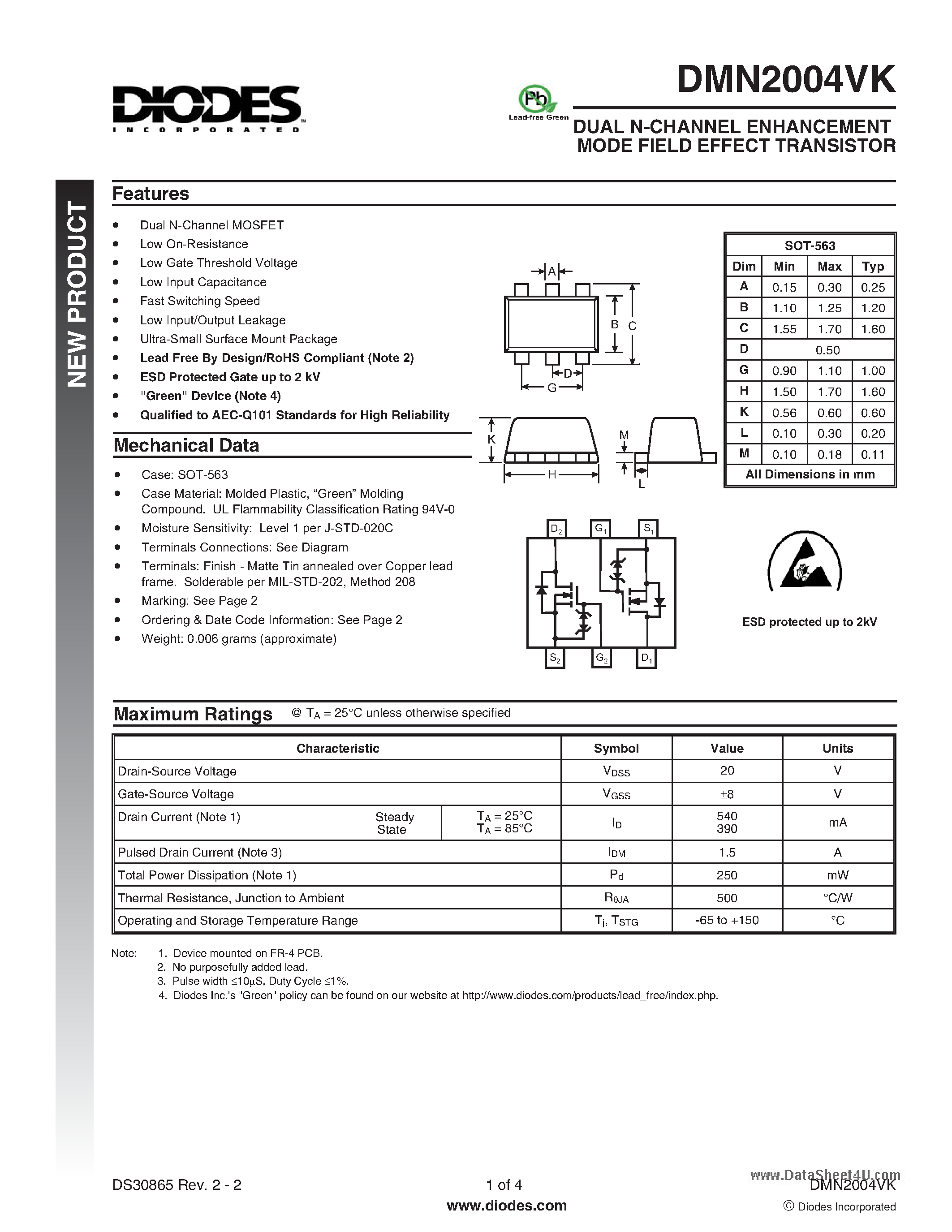 Datasheet DMN2004VK - DUAL N-CHANNEL ENHANCEMENT MODE FIELD EFFECT TRANSISTOR page 1