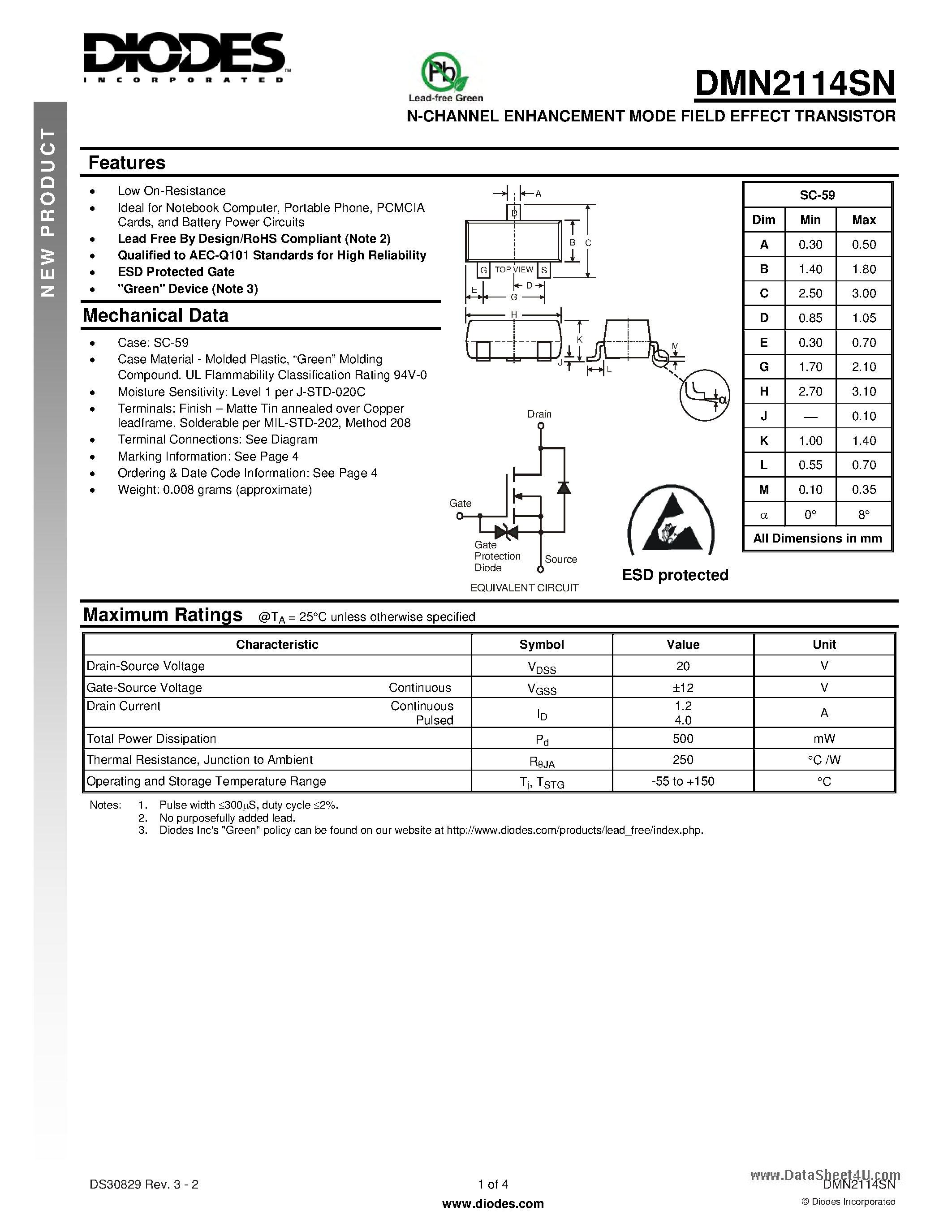 Datasheet DMN2114SN - N-CHANNEL ENHANCEMENT MODE FIELD EFFECT TRANSISTOR page 1