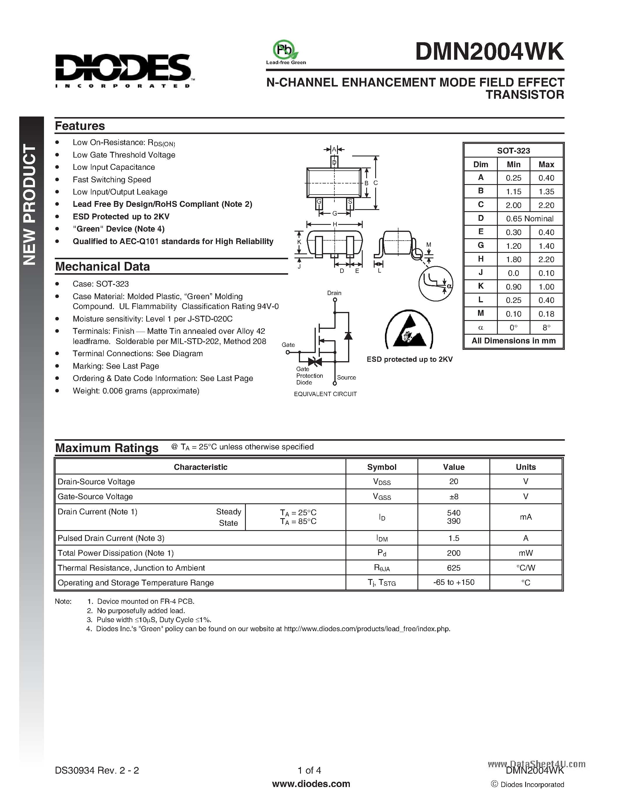Datasheet DMN2004WK - N-CHANNEL ENHANCEMENT MODE FIELD EFFECT TRANSISTOR page 1