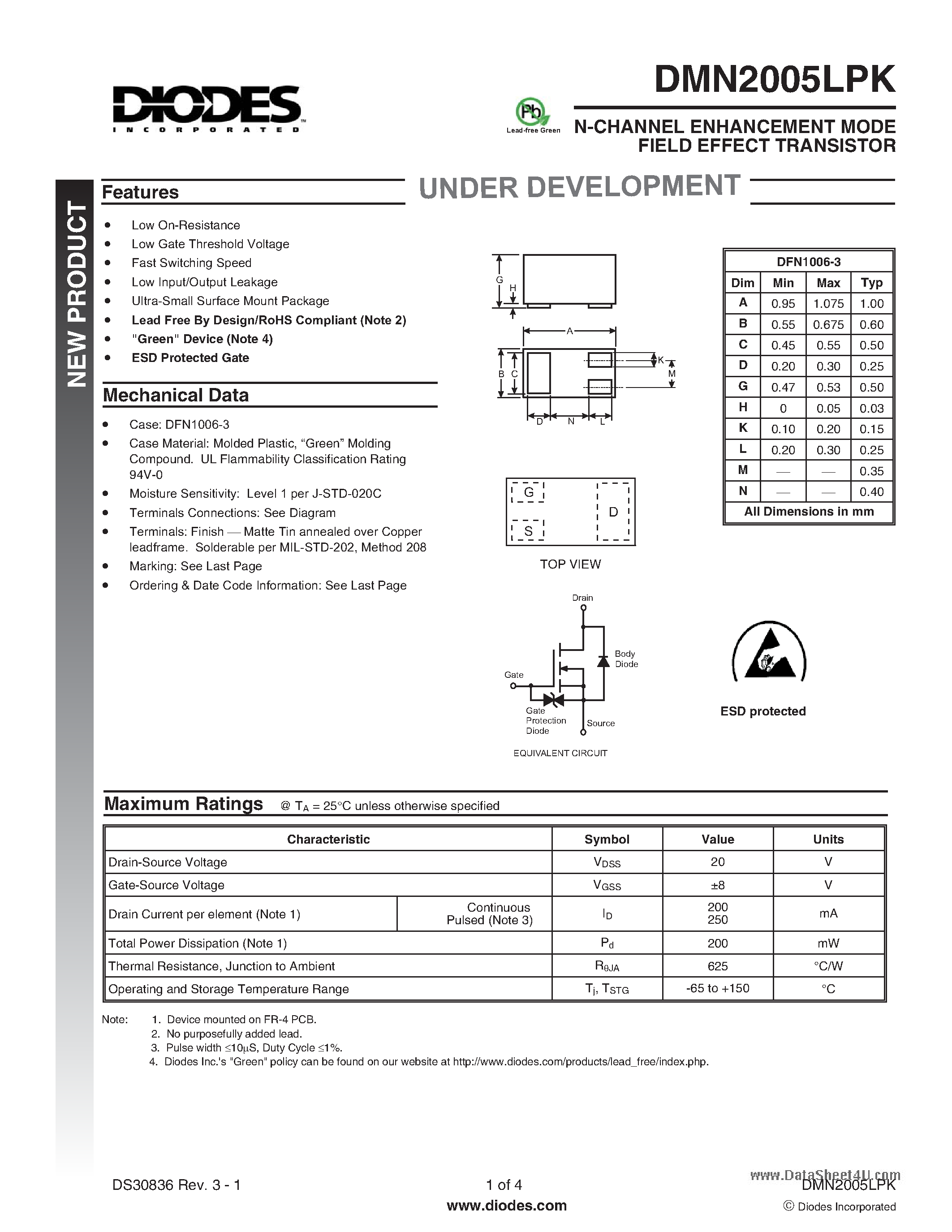 Datasheet DMN2005LPK page 1 Datasheet DMN2005LPK - N-CHANNEL ENHANCEMENT MODE FIELD EFFECT TRANSISTOR page 1