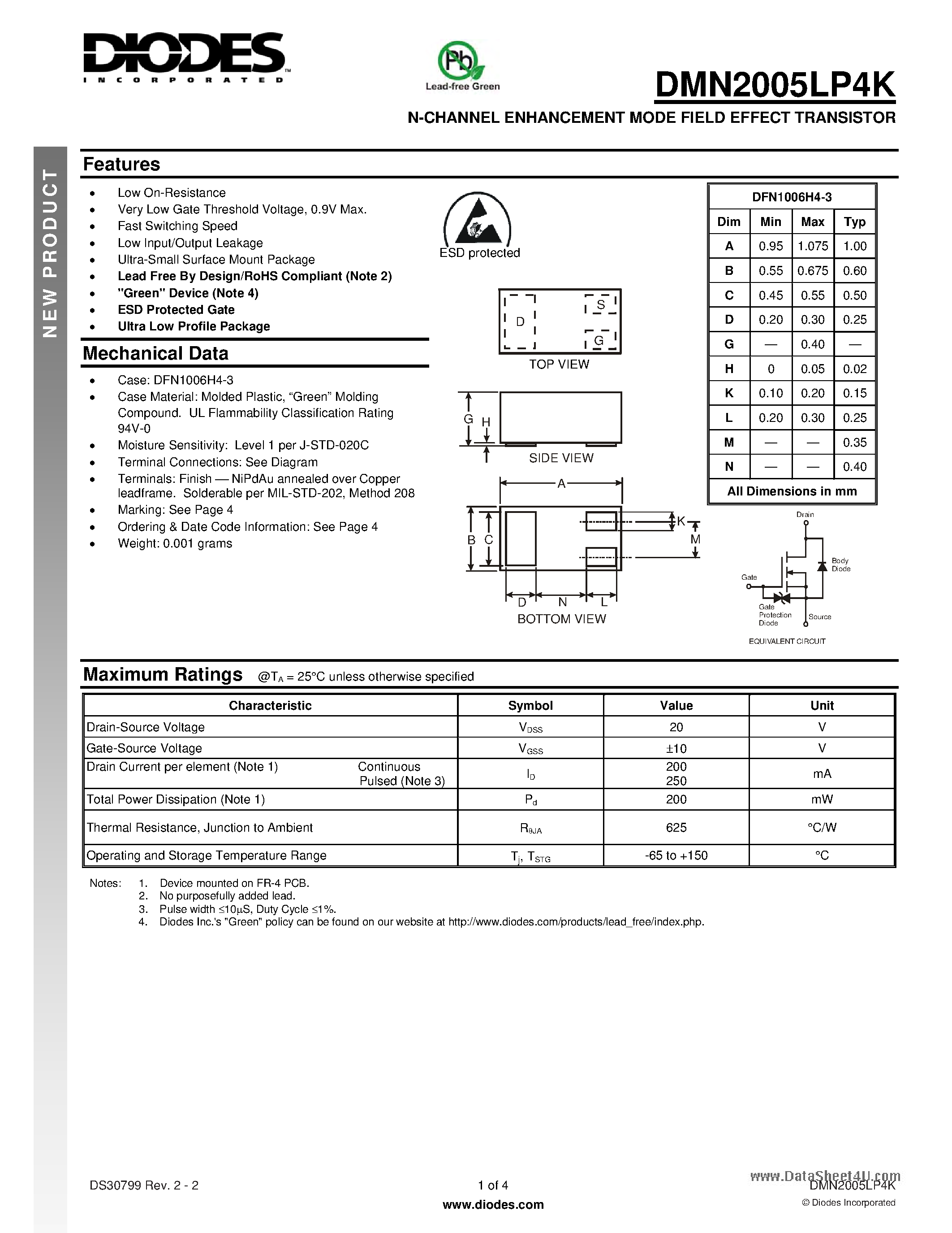 Datasheet DMN2005LP4K - N-CHANNEL ENHANCEMENT MODE FIELD EFFECT TRANSISTOR page 1