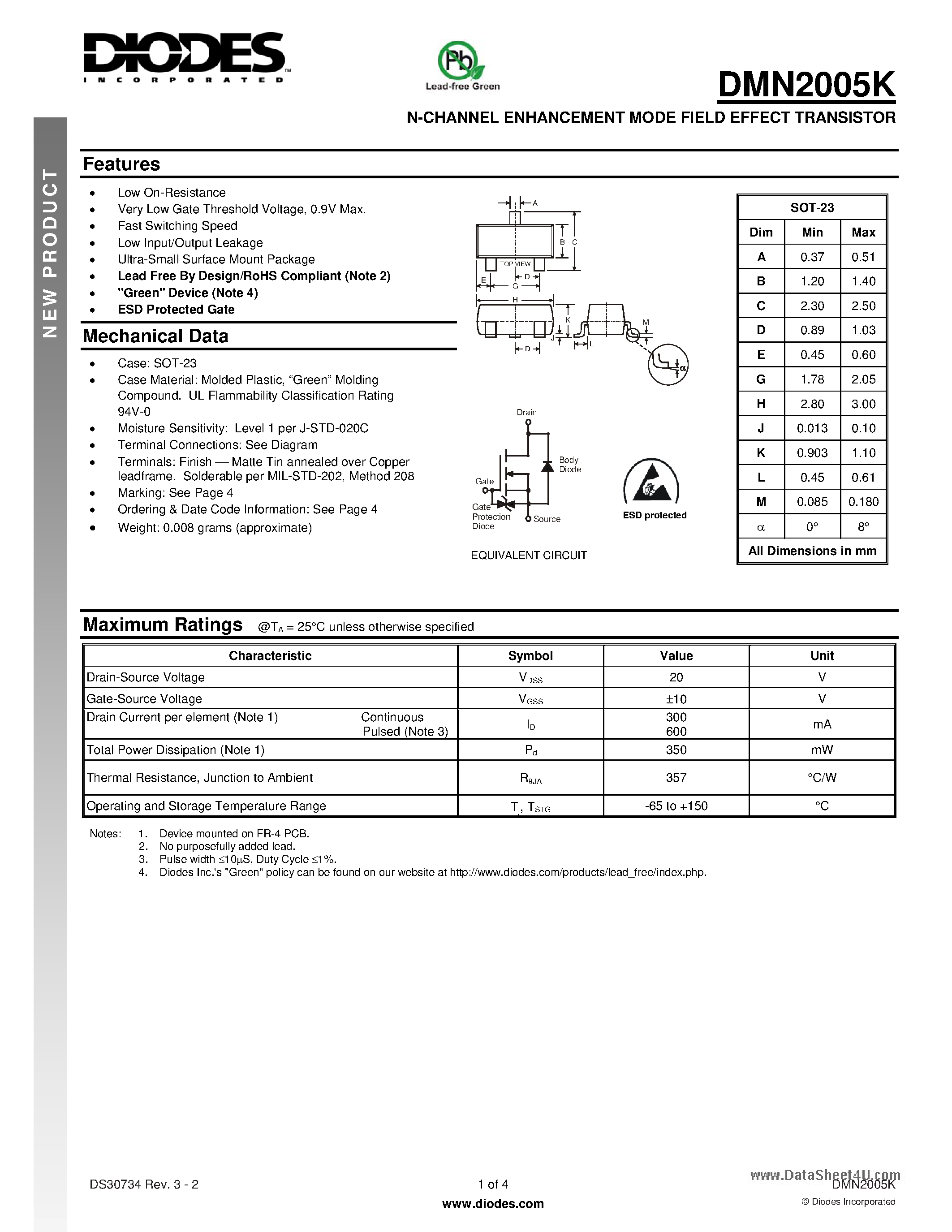 Datasheet DMN2005K - N-CHANNEL ENHANCEMENT MODE FIELD EFFECT TRANSISTOR page 1