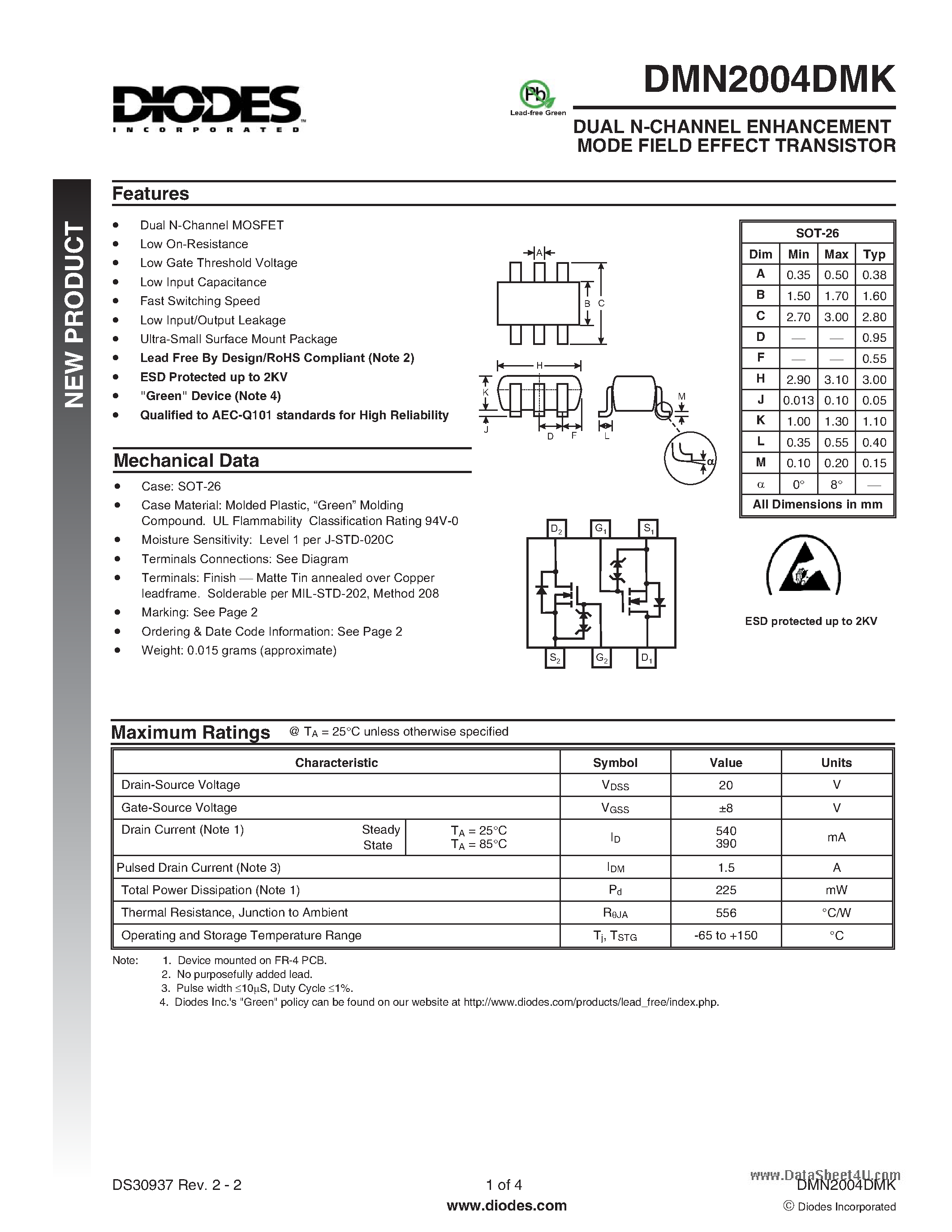 Datasheet DMN2004DMK - DUAL N-CHANNEL ENHANCEMENT MODE FIELD EFFECT TRANSISTOR page 1