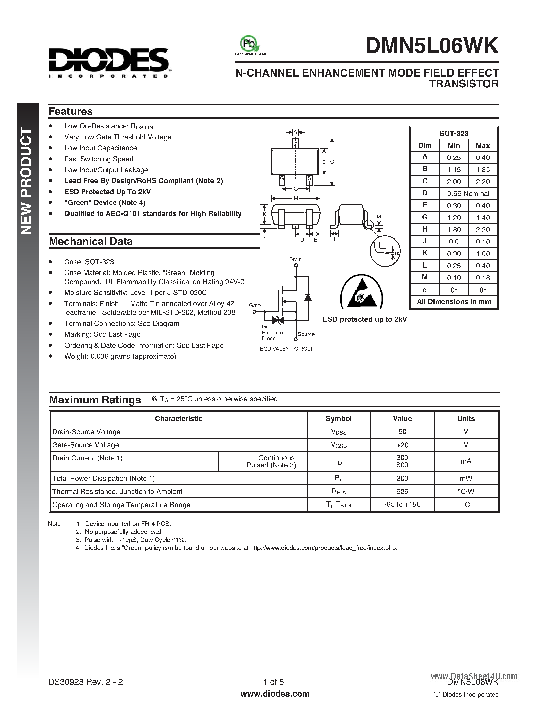 Datasheet DMN5L06WK page 1 Datasheet DMN5L06WK - N-CHANNEL ENHANCEMENT MODE FIELD EFFECT TRANSISTOR page 1