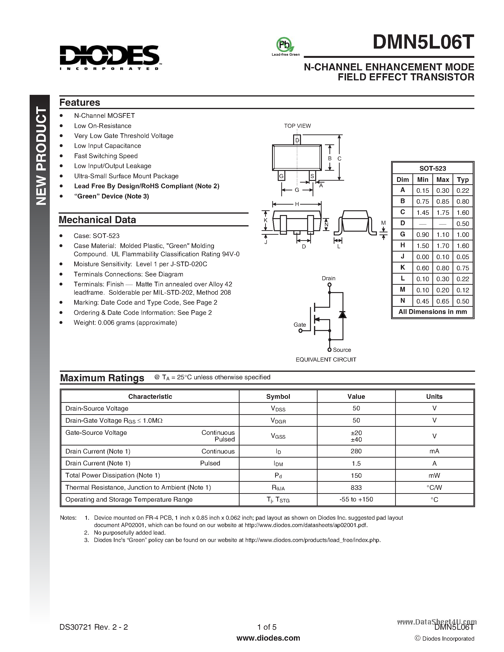 Datasheet DMN5L06T - N-CHANNEL ENHANCEMENT MODE FIELD EFFECT TRANSISTOR page 1