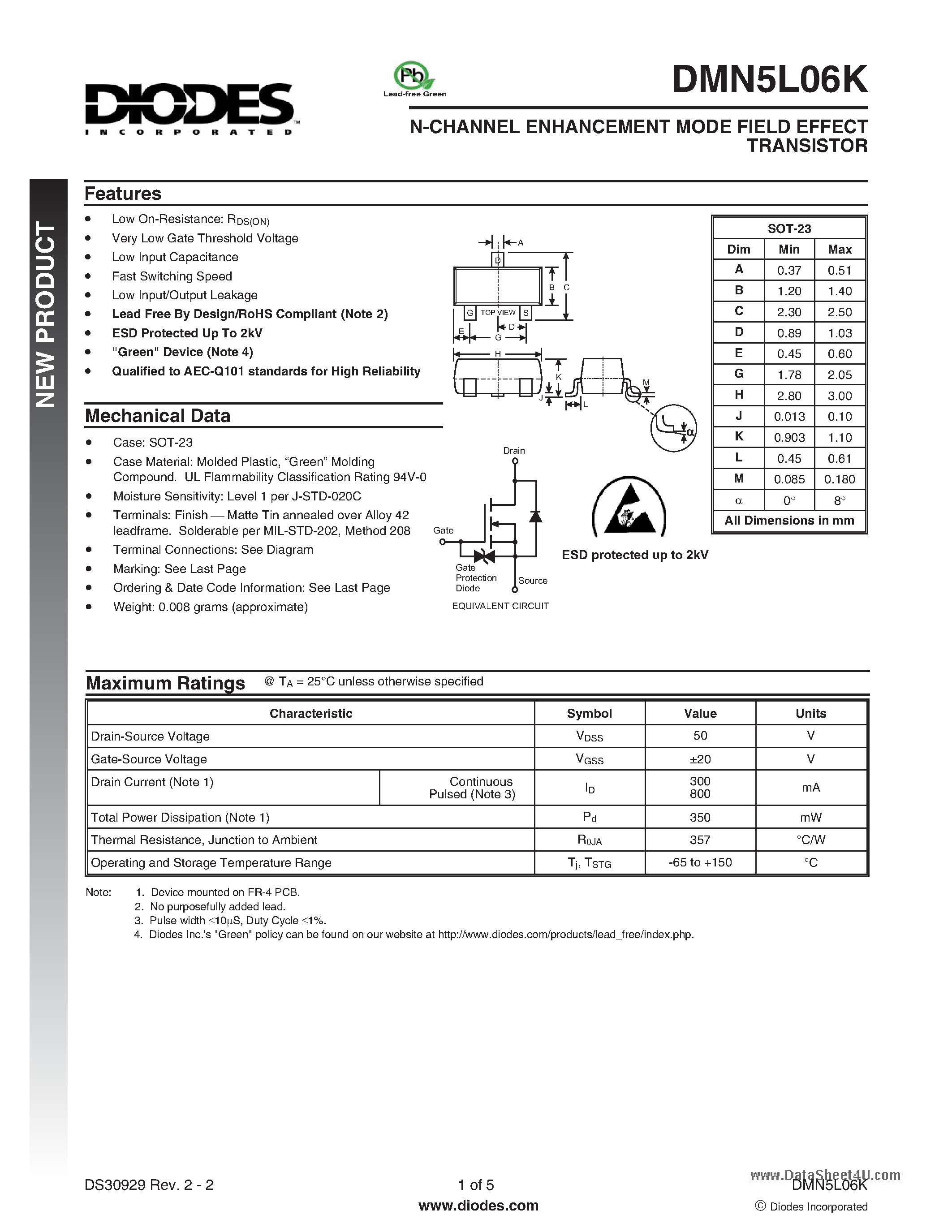 Datasheet DMN5L06K - N-CHANNEL ENHANCEMENT MODE FIELD EFFECT TRANSISTOR page 1