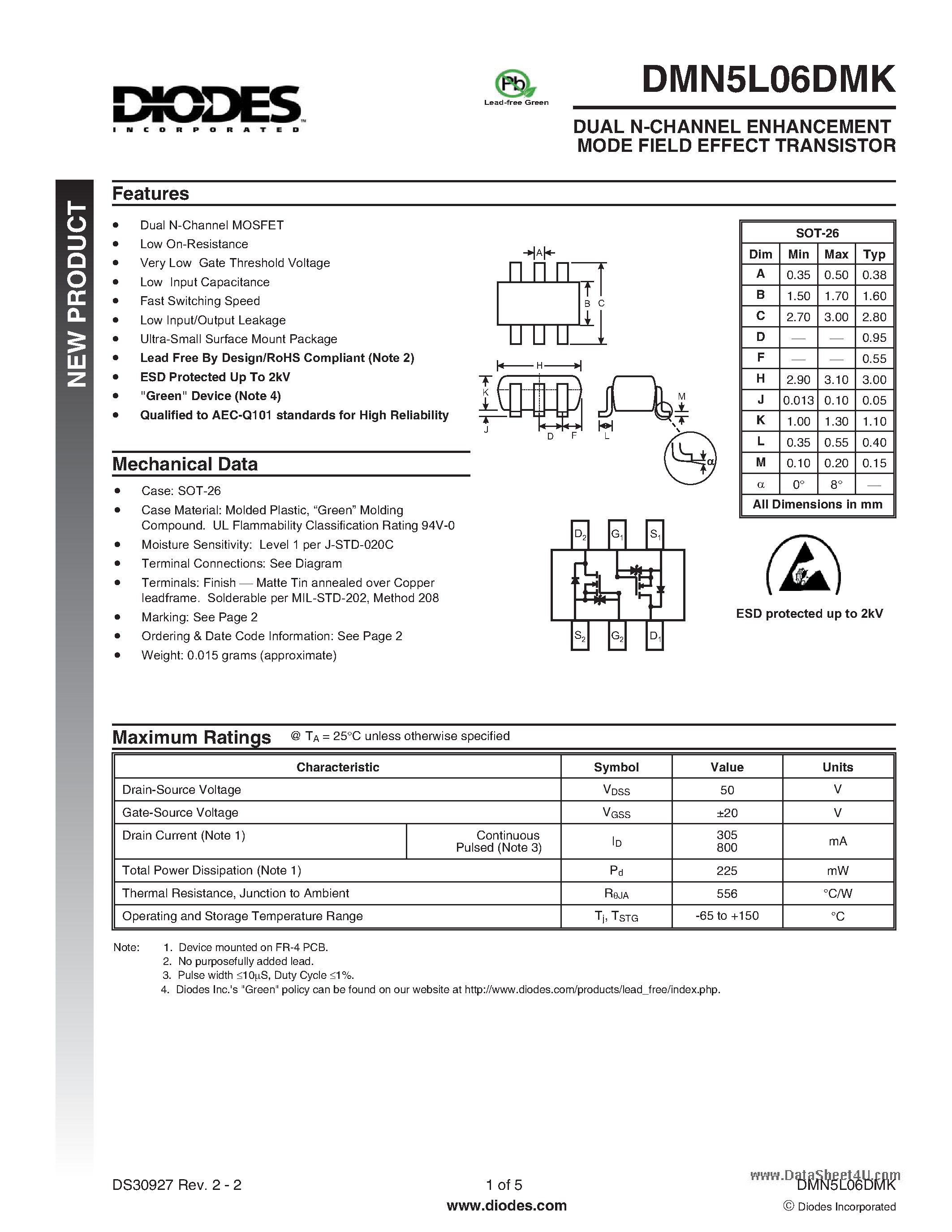 Datasheet DMN5L06DMK - DUAL N-CHANNEL ENHANCEMENT MODE FIELD EFFECT TRANSISTOR page 1