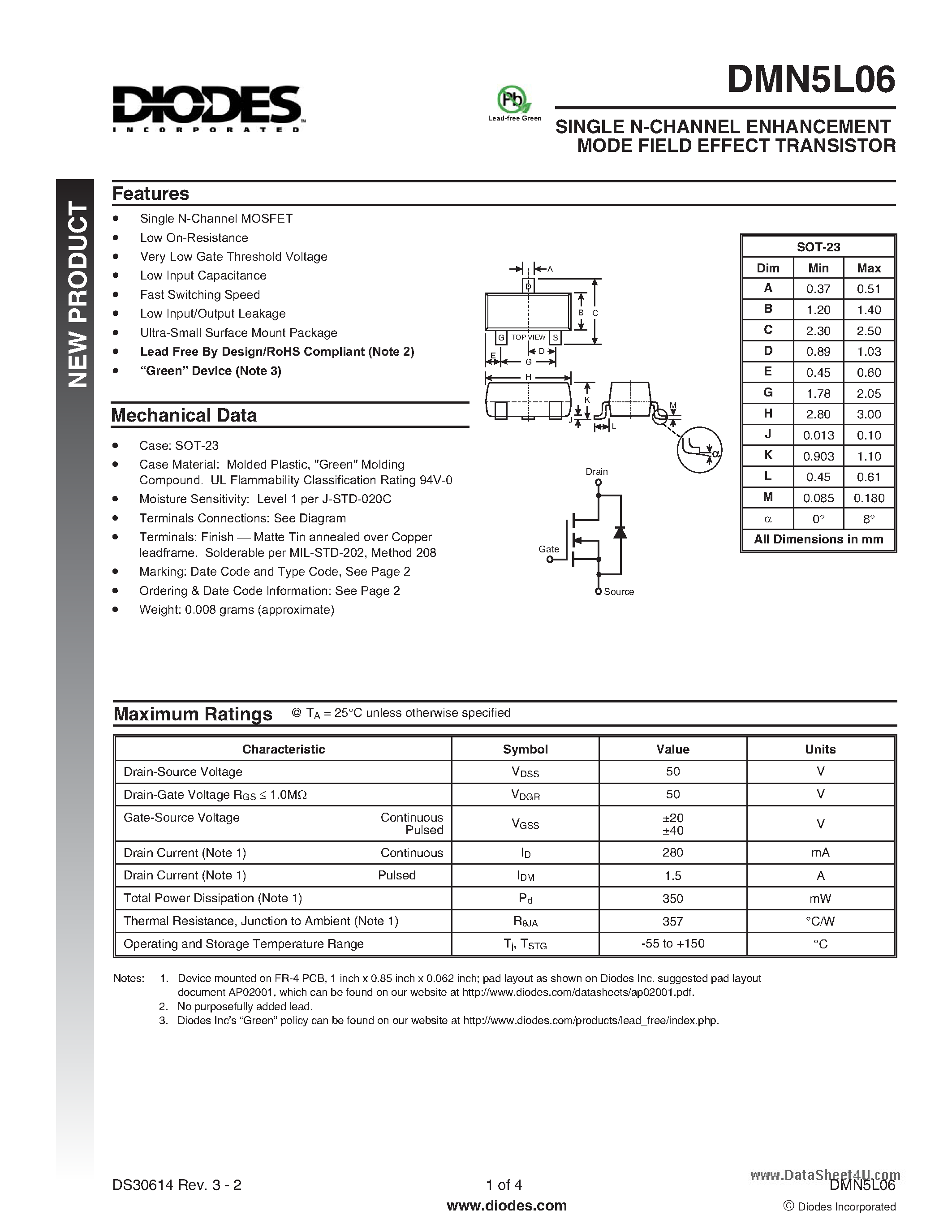 Datasheet DMN5L06 - SINGLE N-CHANNEL ENHANCEMENT MODE FIELD EFFECT TRANSISTOR page 1