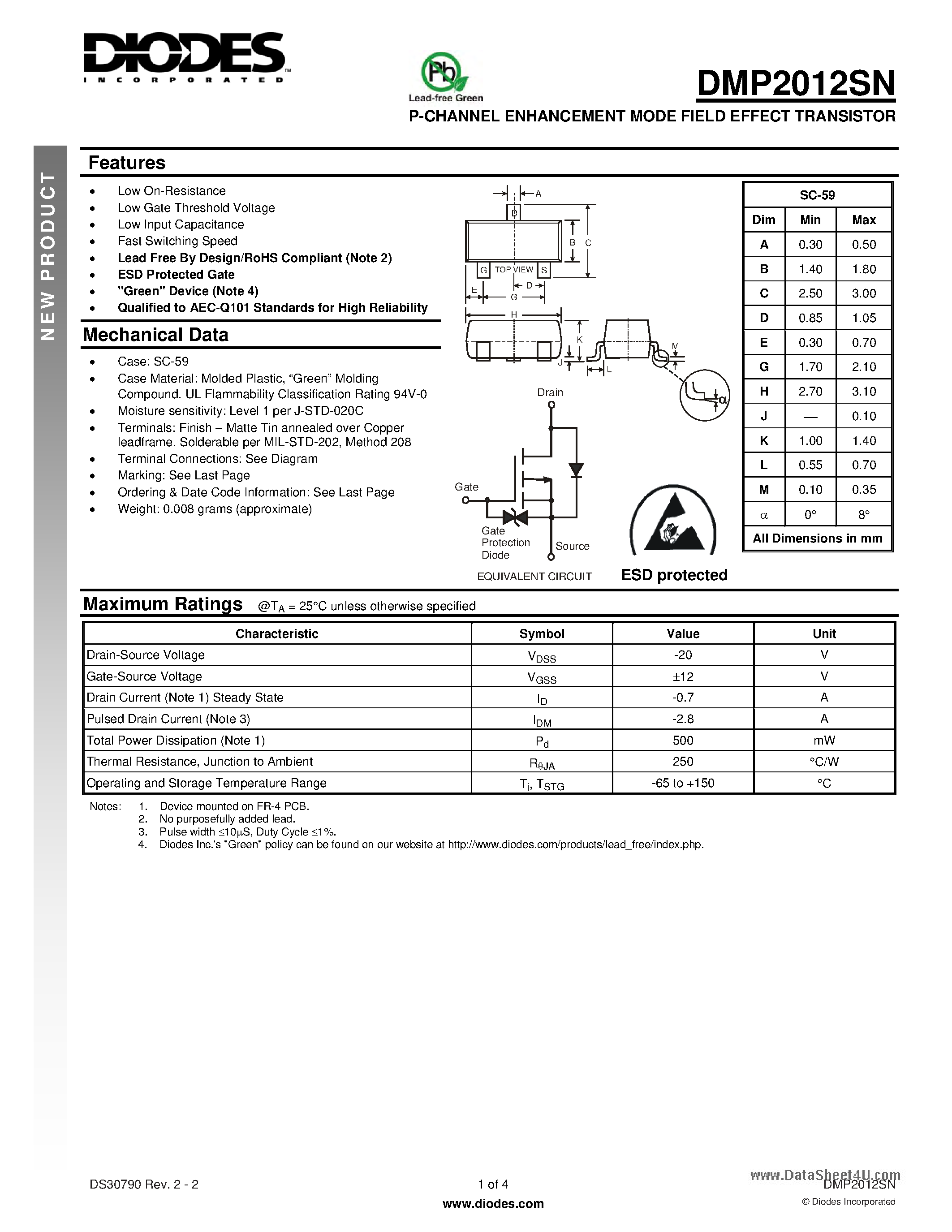 Даташит DMP2012SN - P-CHANNEL ENHANCEMENT MODE FIELD EFFECT TRANSISTOR страница 1