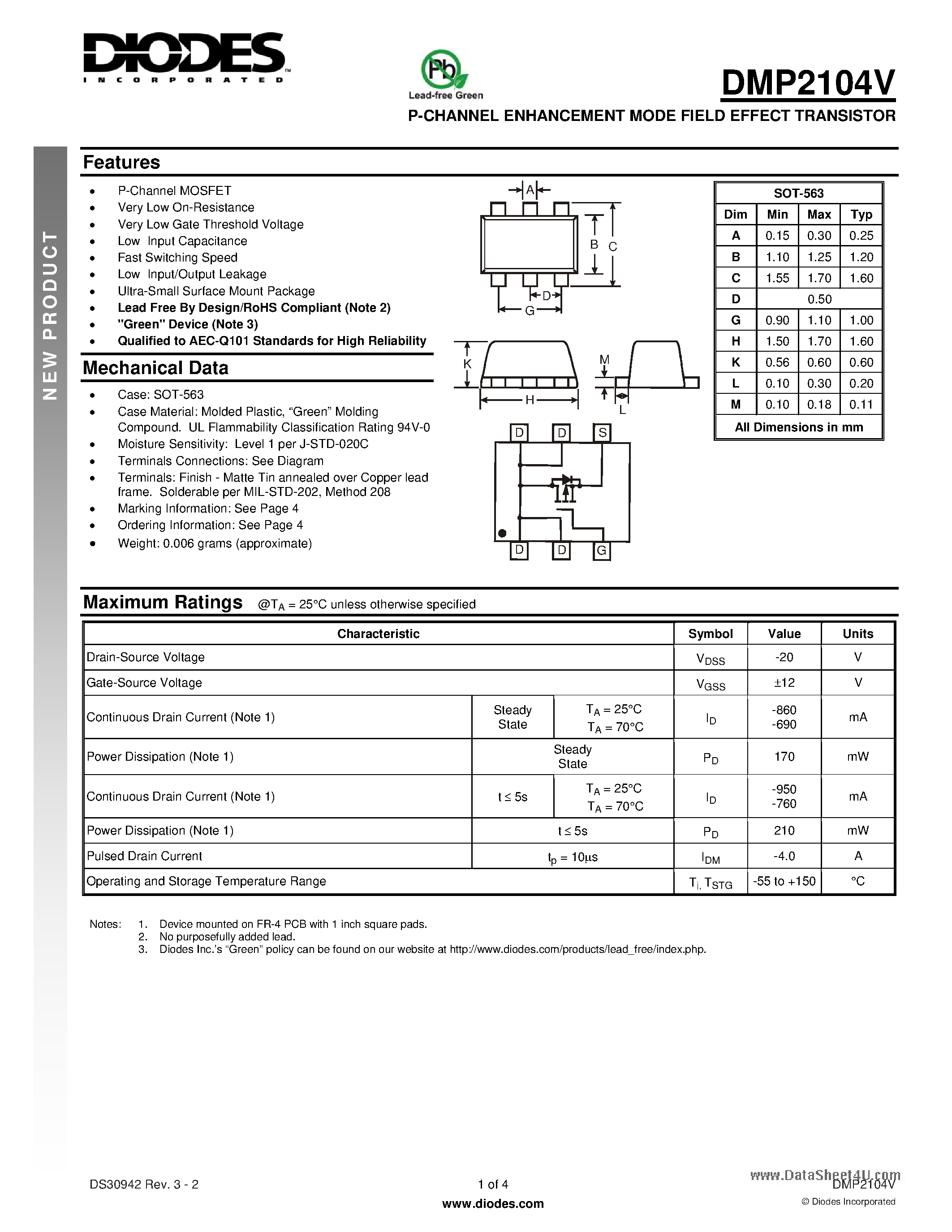 Даташит DMP2104V - P-CHANNEL ENHANCEMENT MODE FIELD EFFECT TRANSISTOR страница 1