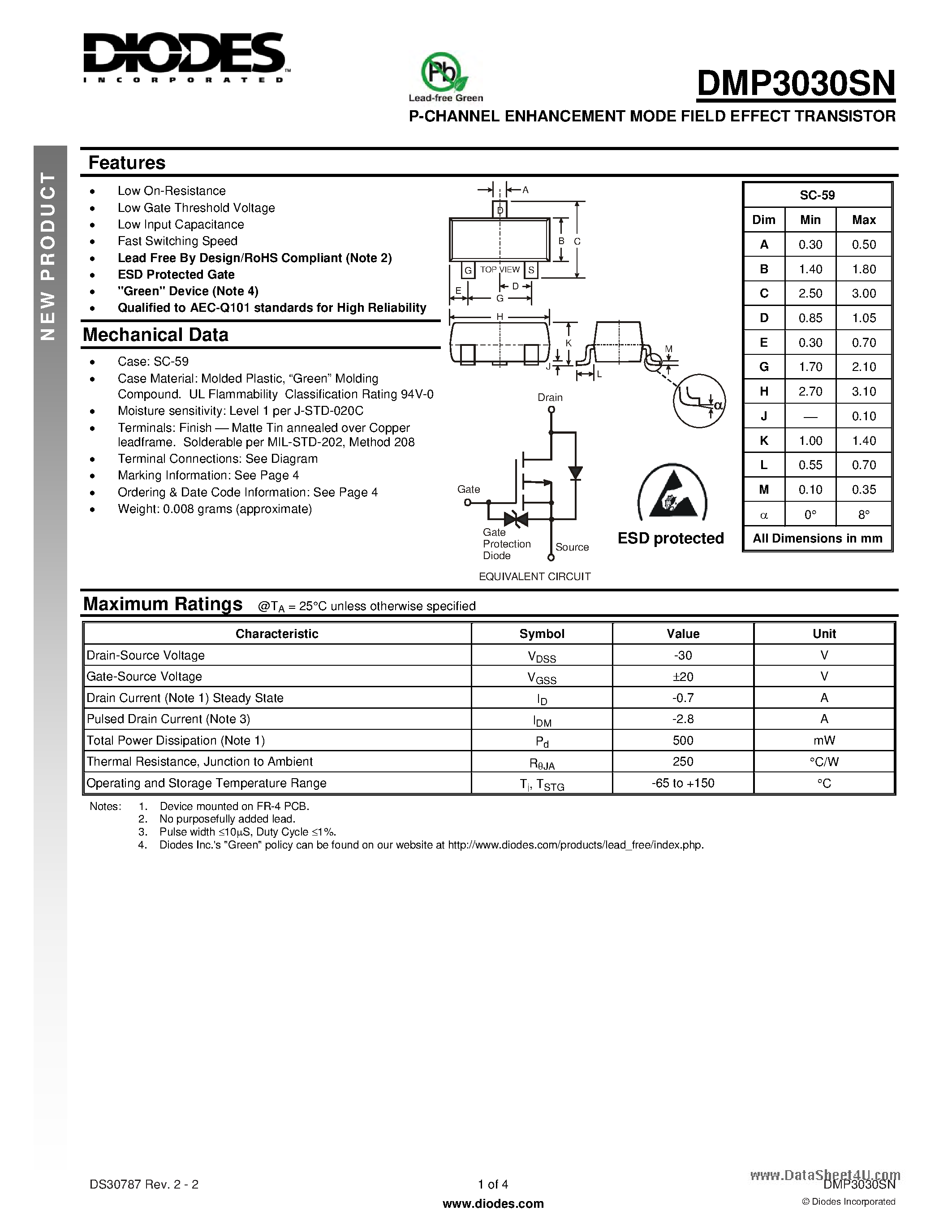 Даташит DMP3030SN - P-CHANNEL ENHANCEMENT MODE FIELD EFFECT TRANSISTOR страница 1