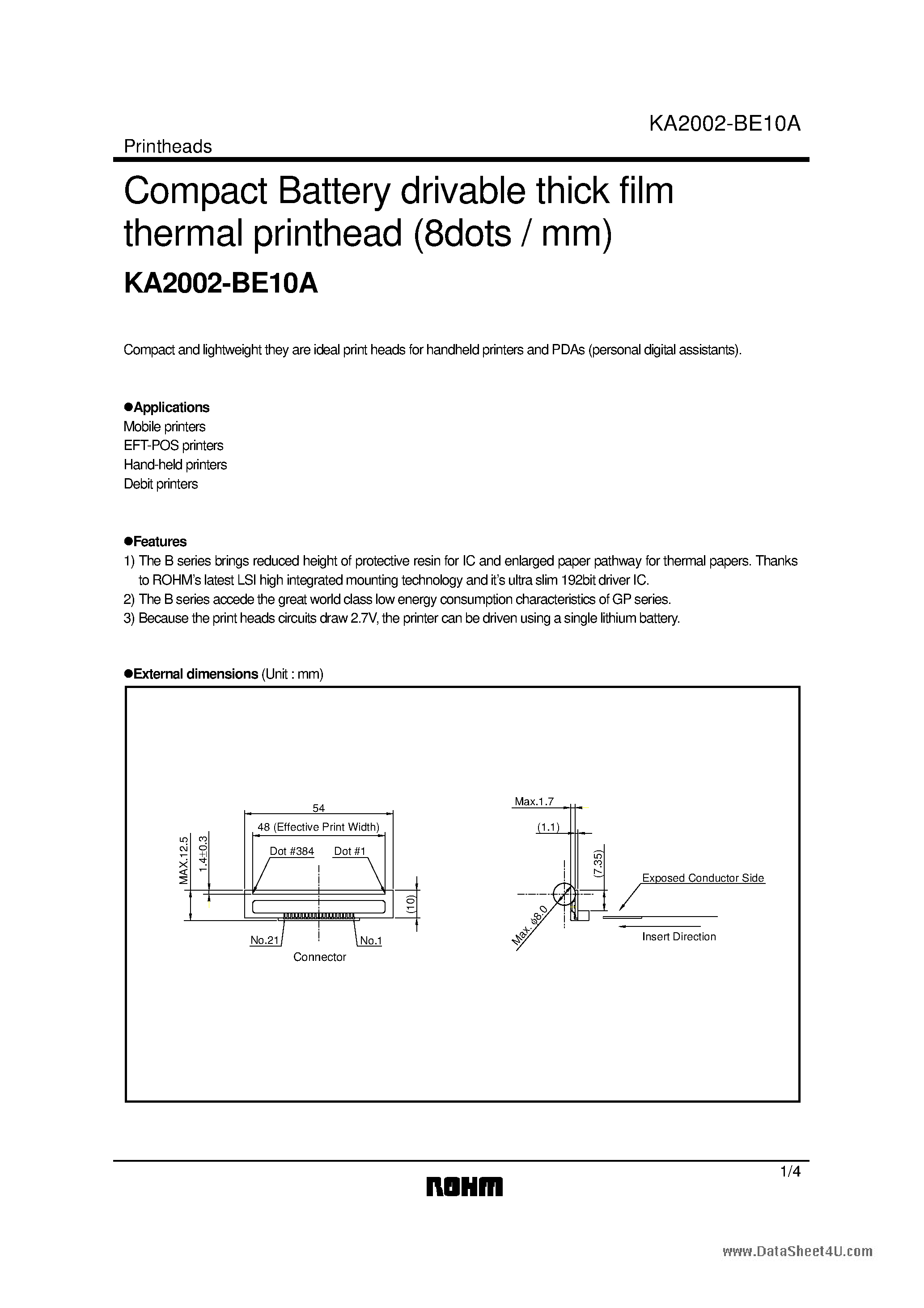 Datasheet KA2002-BE10A - Compact Battery drivable thick film thermal printhead page 1
