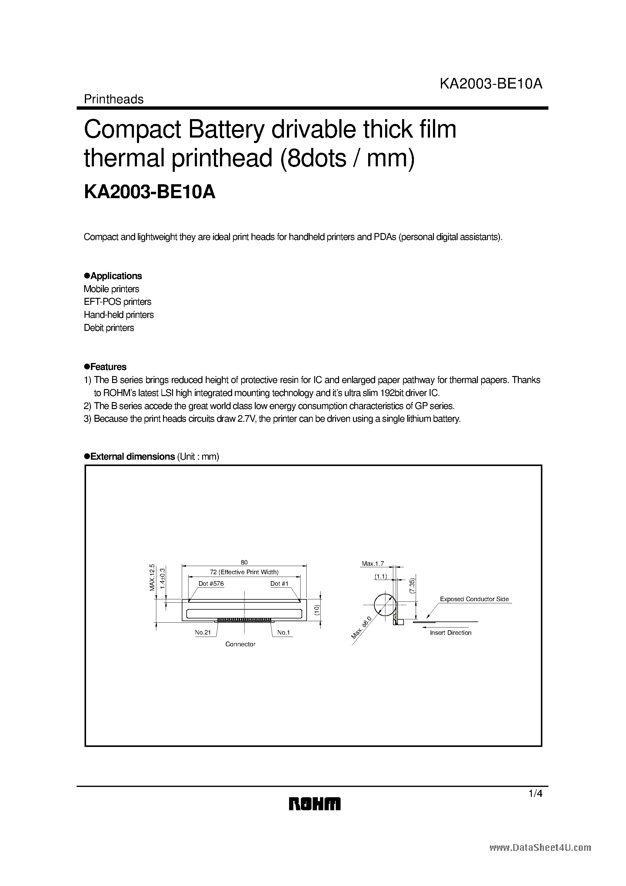 Datasheet KA2003-BE10A - Compact Battery drivable thick film thermal printhead page 1