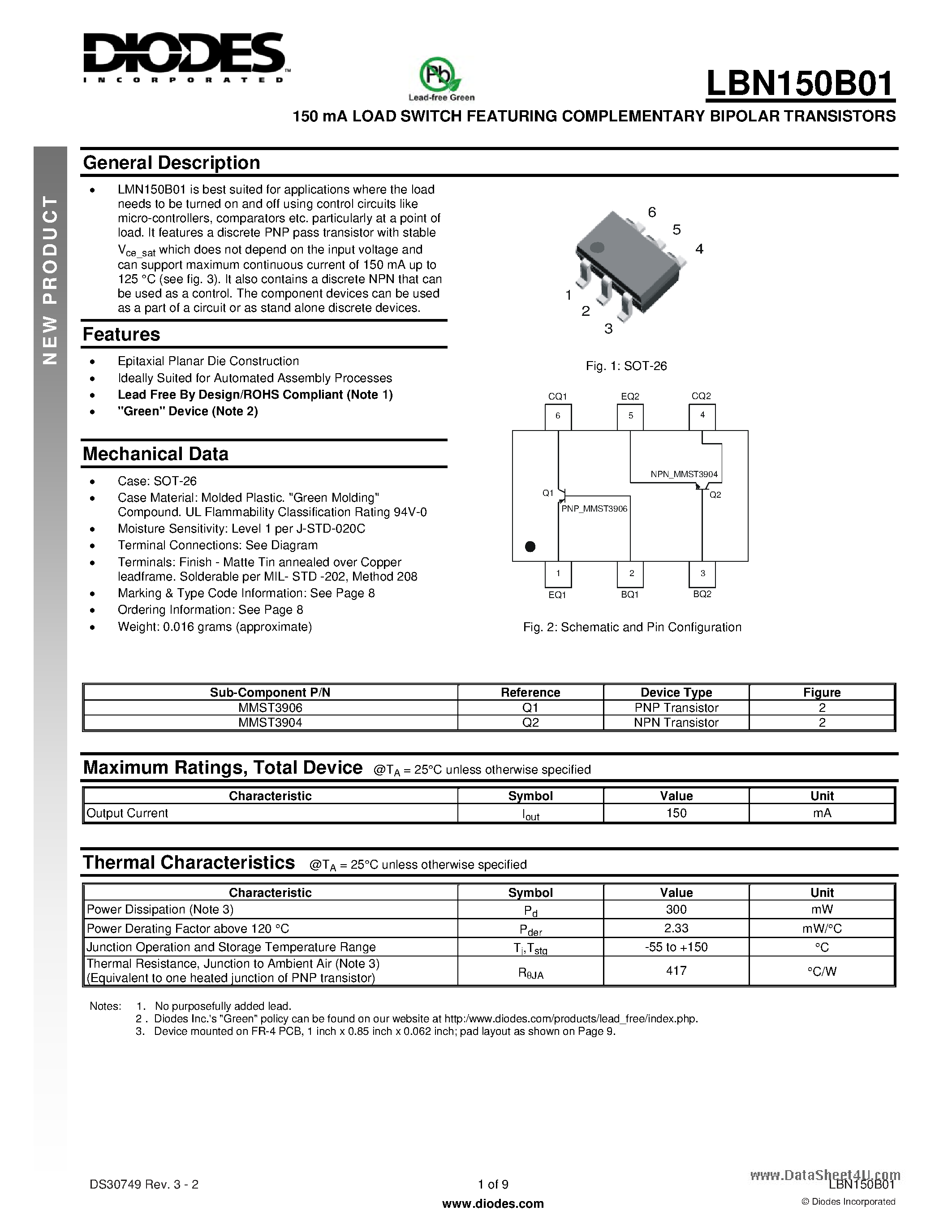 Даташит на микросхему LBN150B01 страница 1 Даташит LBN150B01 - 150 mA LOAD SWITCH FEATURING COMPLEMENTARY BIPOLAR TRANSISTORS страница 1