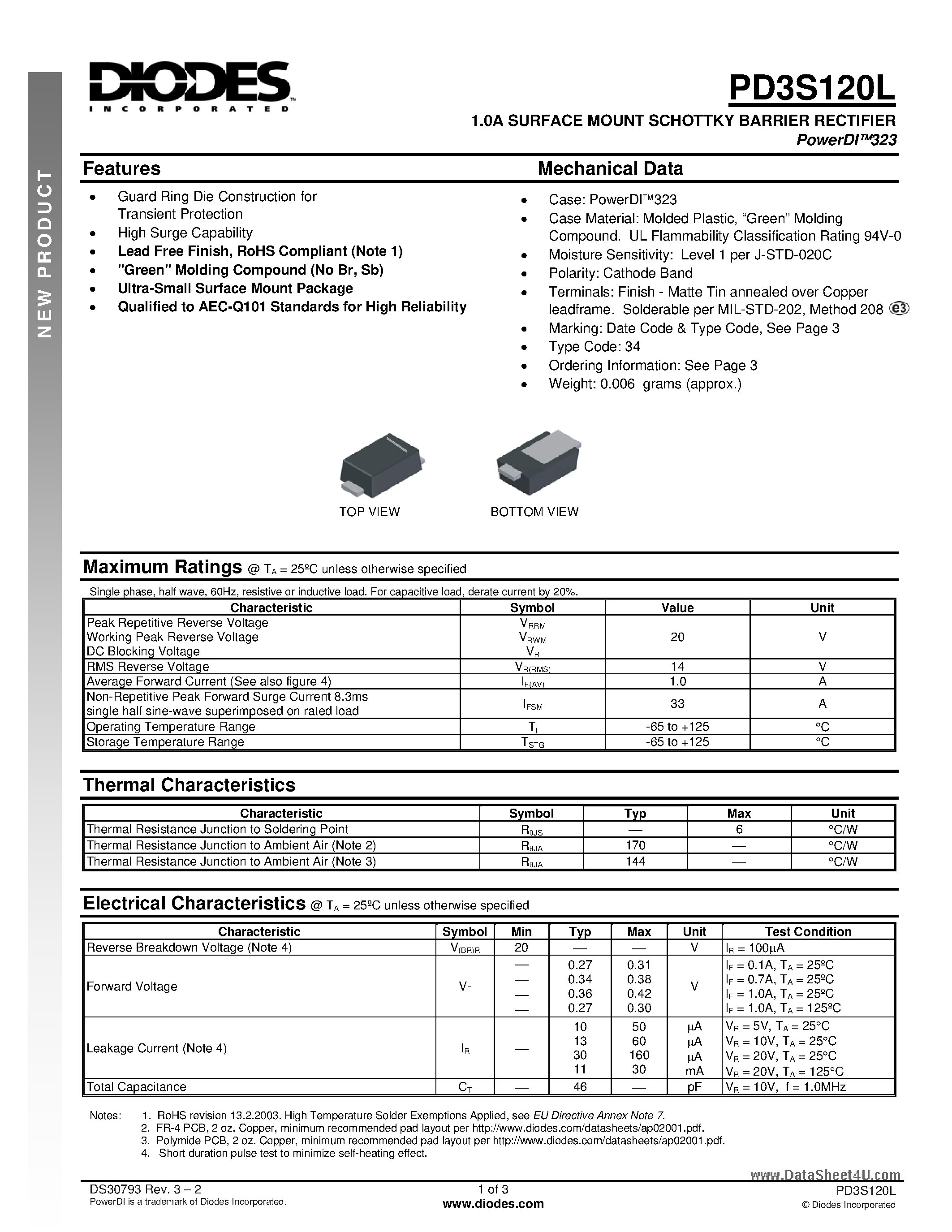 Datasheet PD3S120L - 1.0A SURFACE MOUNT SCHOTTKY BARRIER RECTIFIER page 1