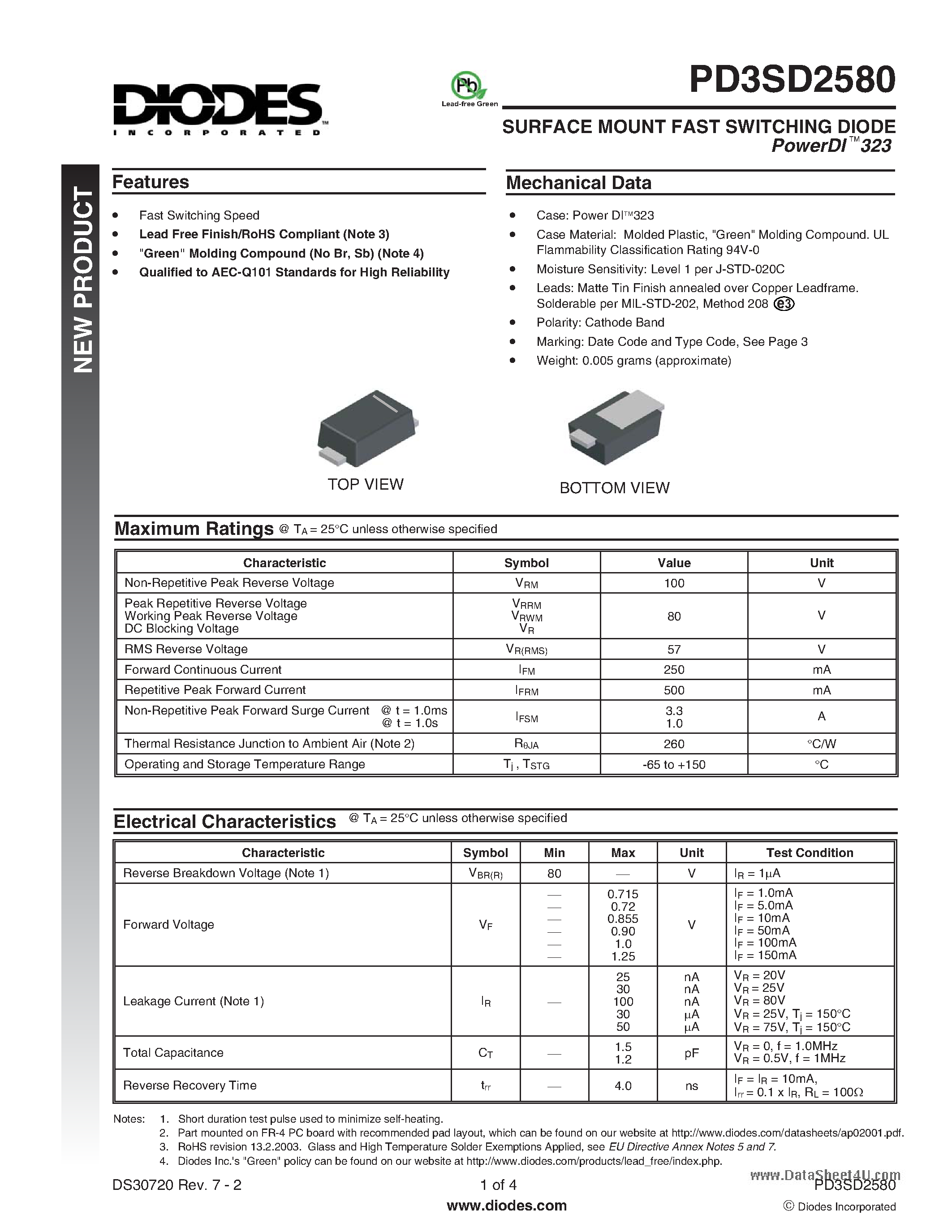 Datasheet PD3SD2580 - SURFACE MOUNT FAST SWITCHING DIODE page 1