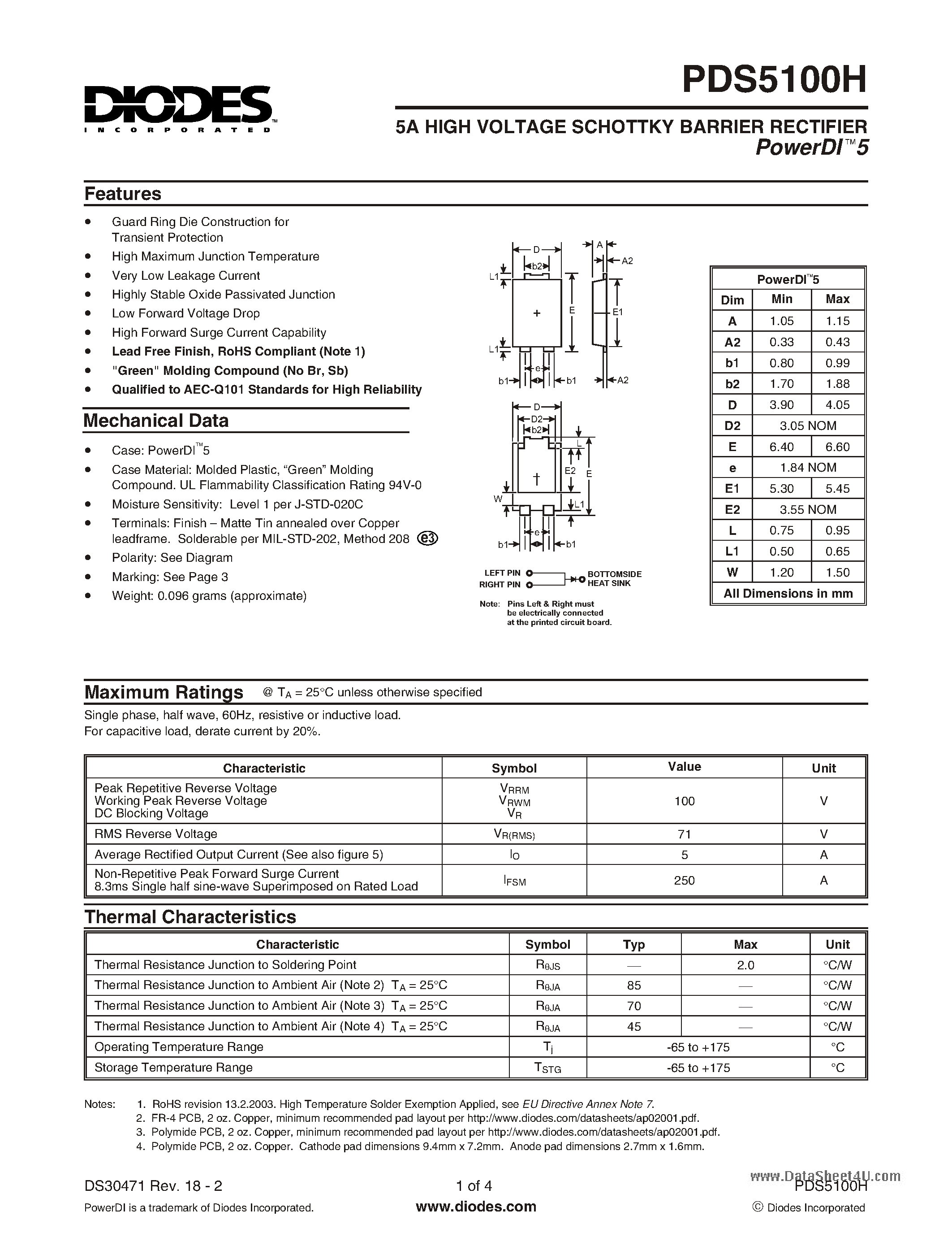 Даташит PDS5100H - 5A HIGH VOLTAGE SCHOTTKY BARRIER RECTIFIER страница 1