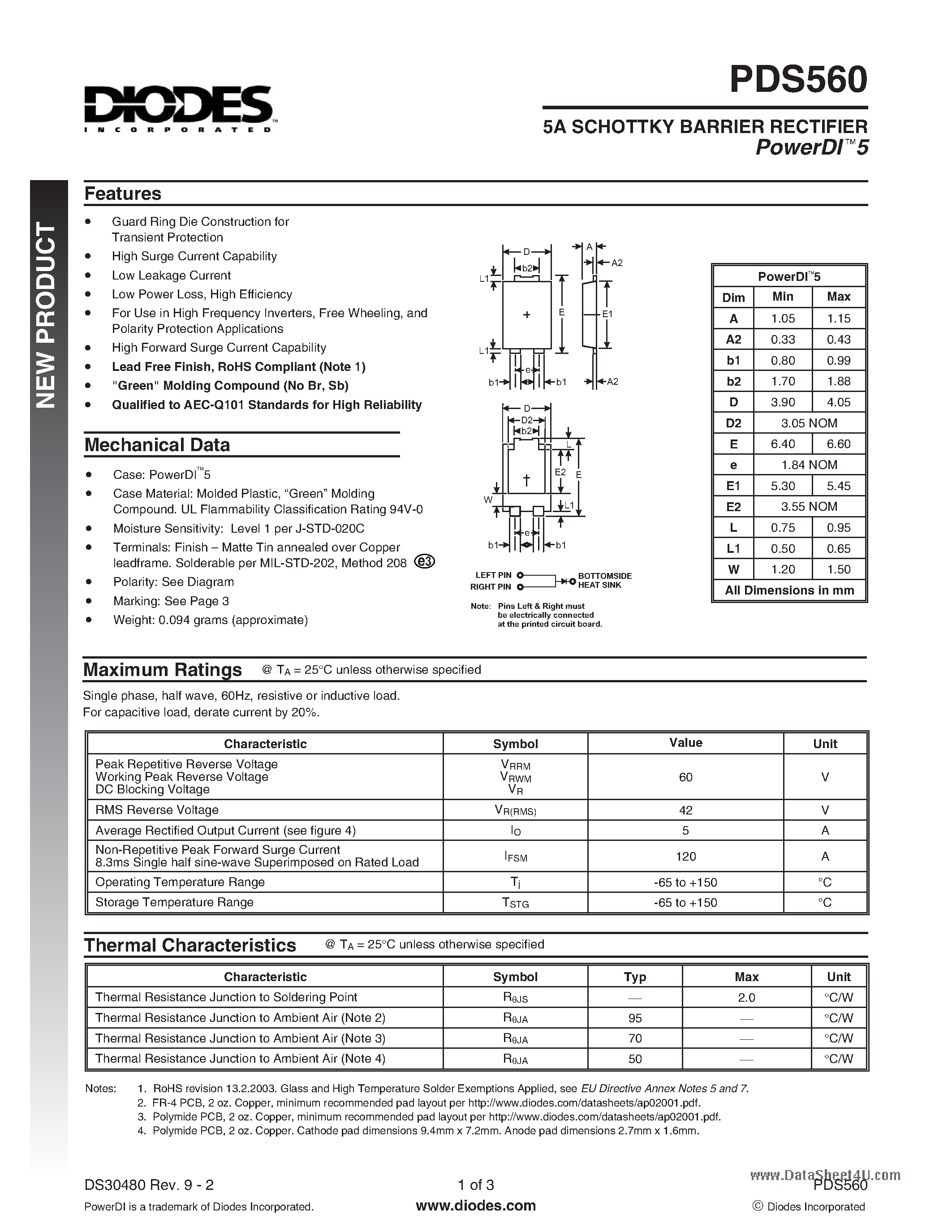 Даташит PDS560 - 5A SCHOTTKY BARRIER RECTIFIER страница 1