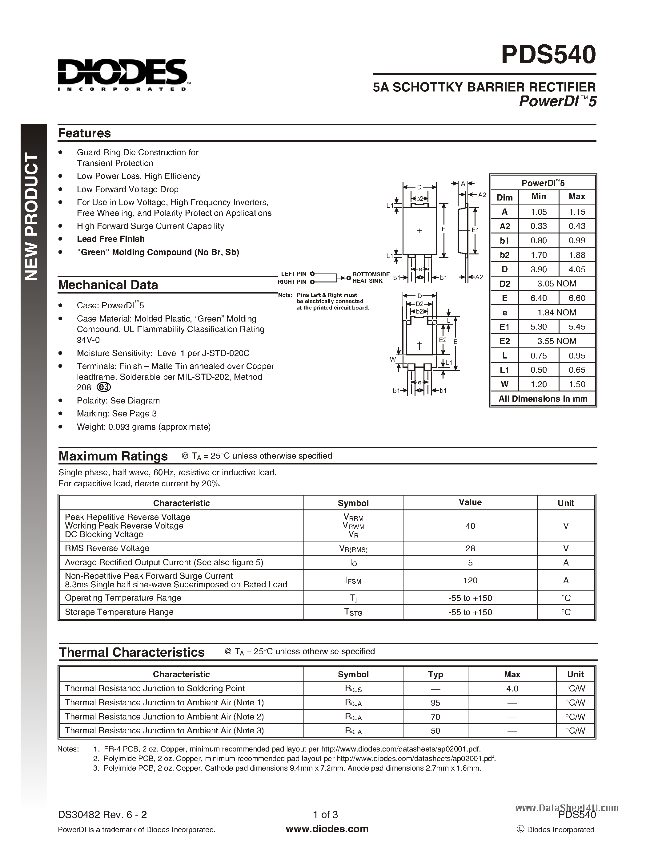 Даташит PDS540 - 5A SCHOTTKY BARRIER RECTIFIER страница 1
