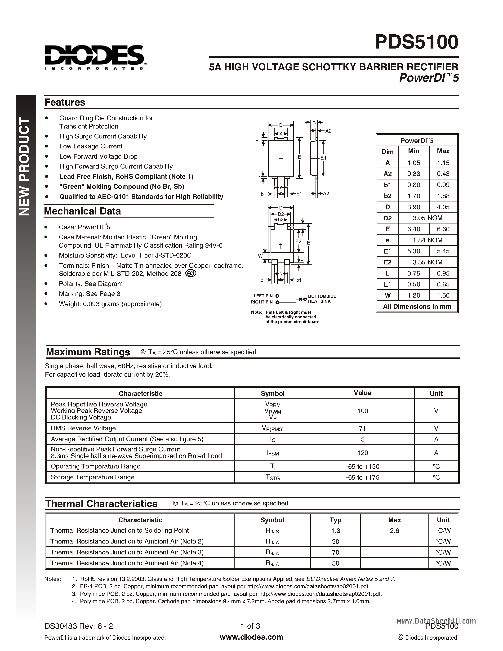 Даташит PDS5100 - 5A HIGH VOLTAGE SCHOTTKY BARRIER RECTIFIER страница 1