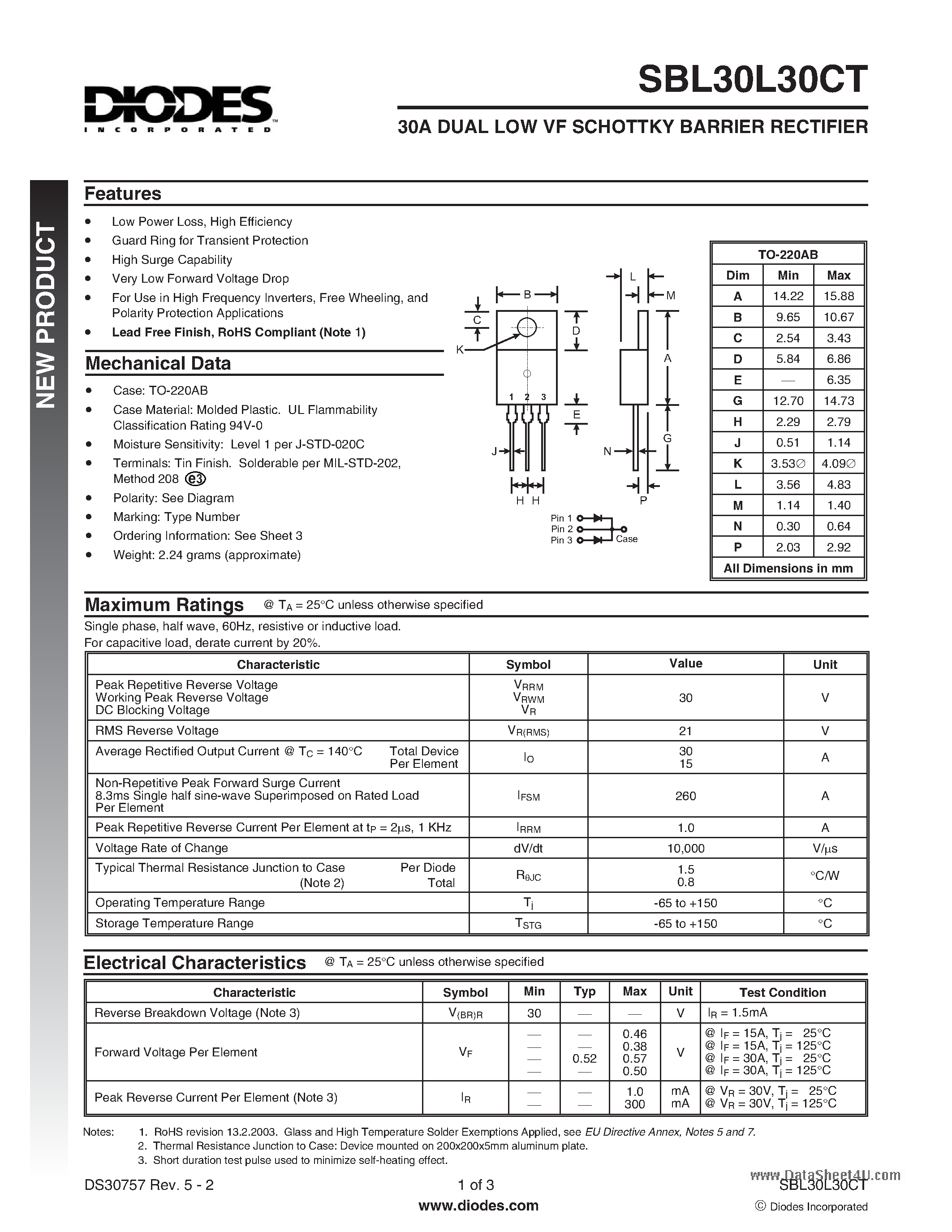 Datasheet SBL30L30CT page 1 Datasheet SBL30L30CT - 30A DUAL LOW VF SCHOTTKY BARRIER RECTIFIER page 1