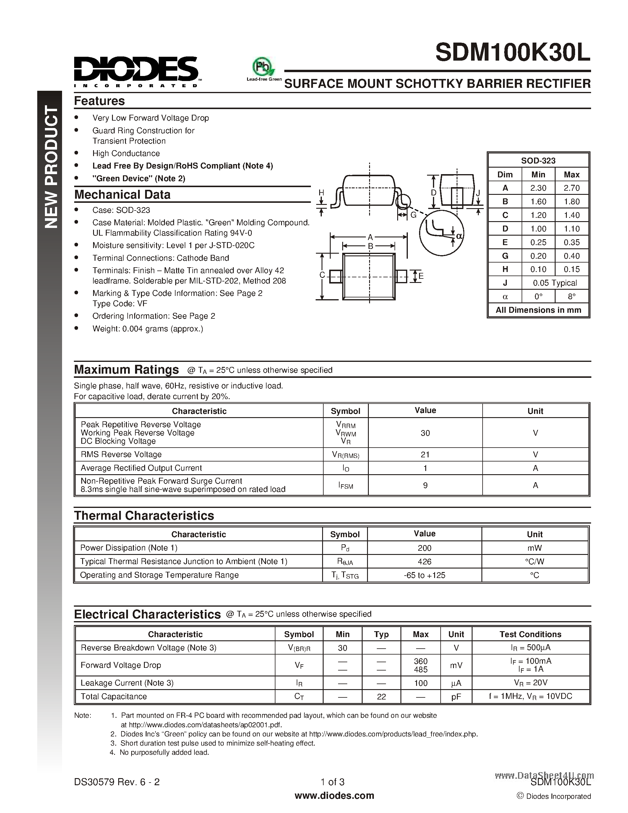 Datasheet SDM100K30L page 1 Datasheet SDM100K30L - SURFACE MOUNT SCHOTTKY BARRIER RECTIFIER page 1
