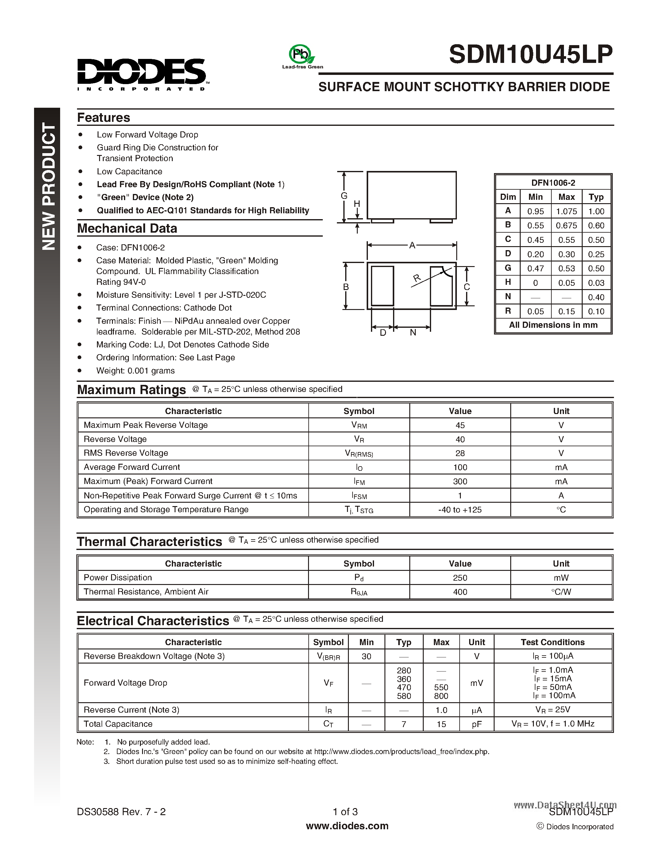 Datasheet SDM10U45LP - SURFACE MOUNT SCHOTTKY BARRIER DIODE page 1