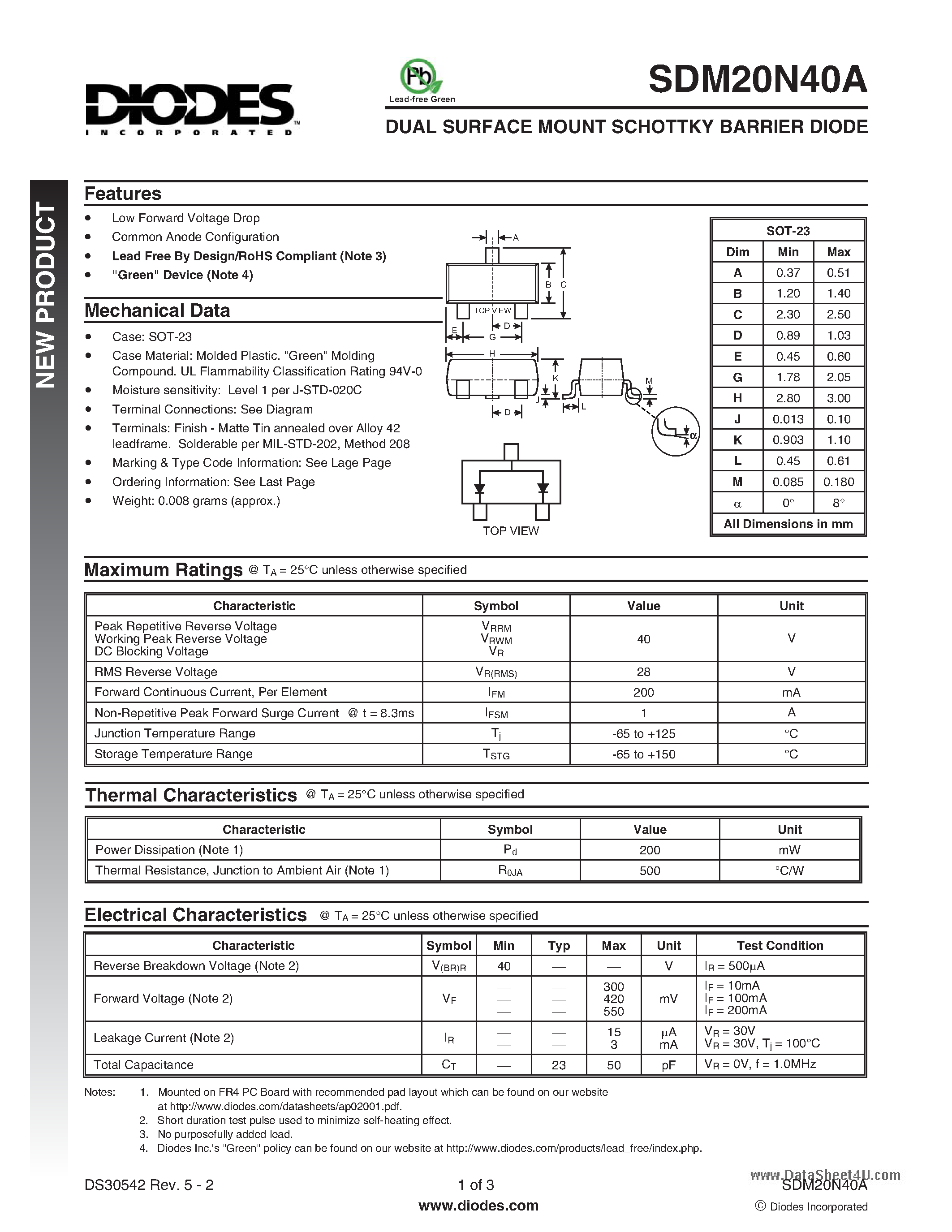 Datasheet SDM20N40A - DUAL SURFACE MOUNT SCHOTTKY BARRIER DIODE page 1