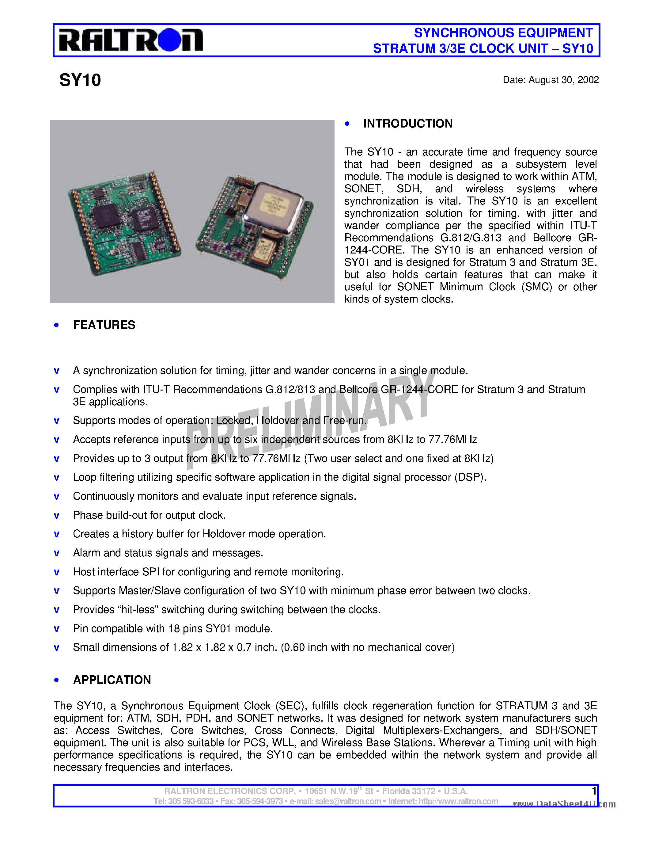 Datasheet SY10 - SYNCHRONOUS EQUIPMENT STRATUM 3/3E CLOCK UNIT page 1