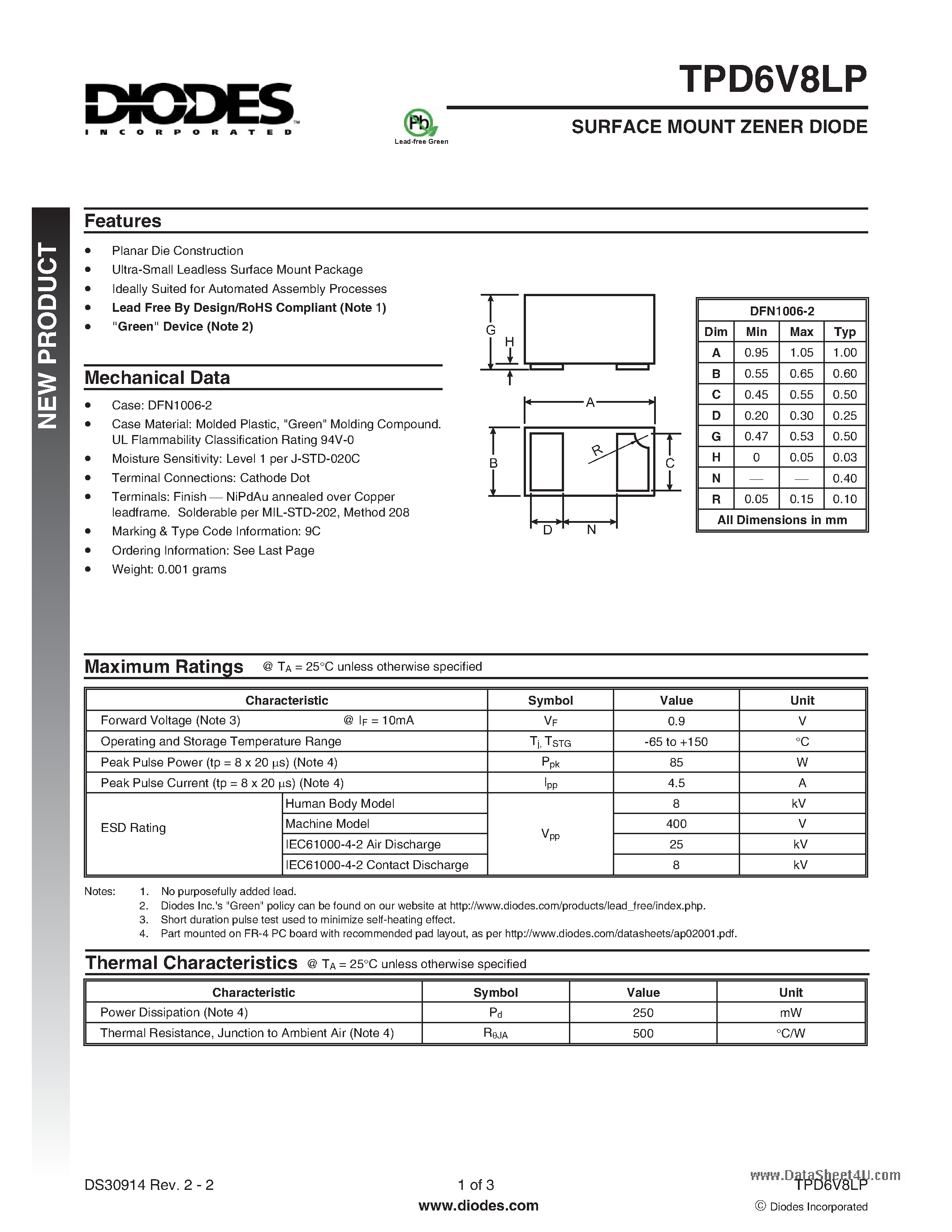 Datasheet TPD6V8LP - SURFACE MOUNT ZENER DIODE page 1