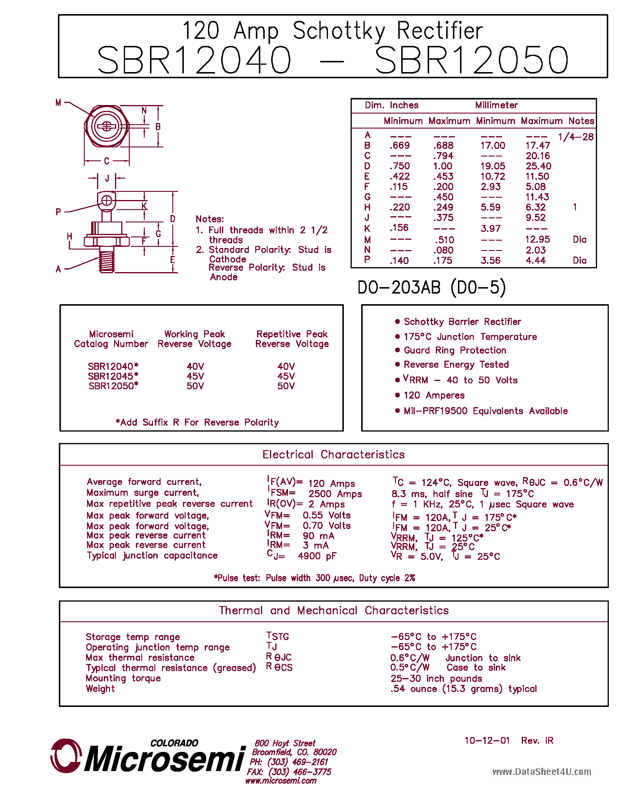 Datasheet SBR12040 page 1 Datasheet SBR12040 - (SBR12040 - SBR12050) 120 AMP SCHOTTKY RECTIFIER page 1